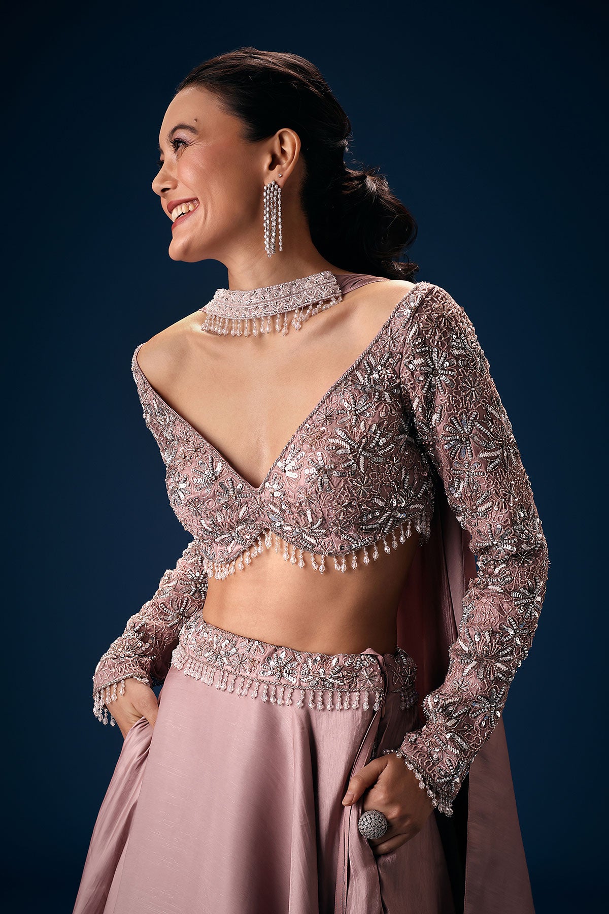 Onion Pink Embroidered Blouse With Lehenga And Choker Dupatta