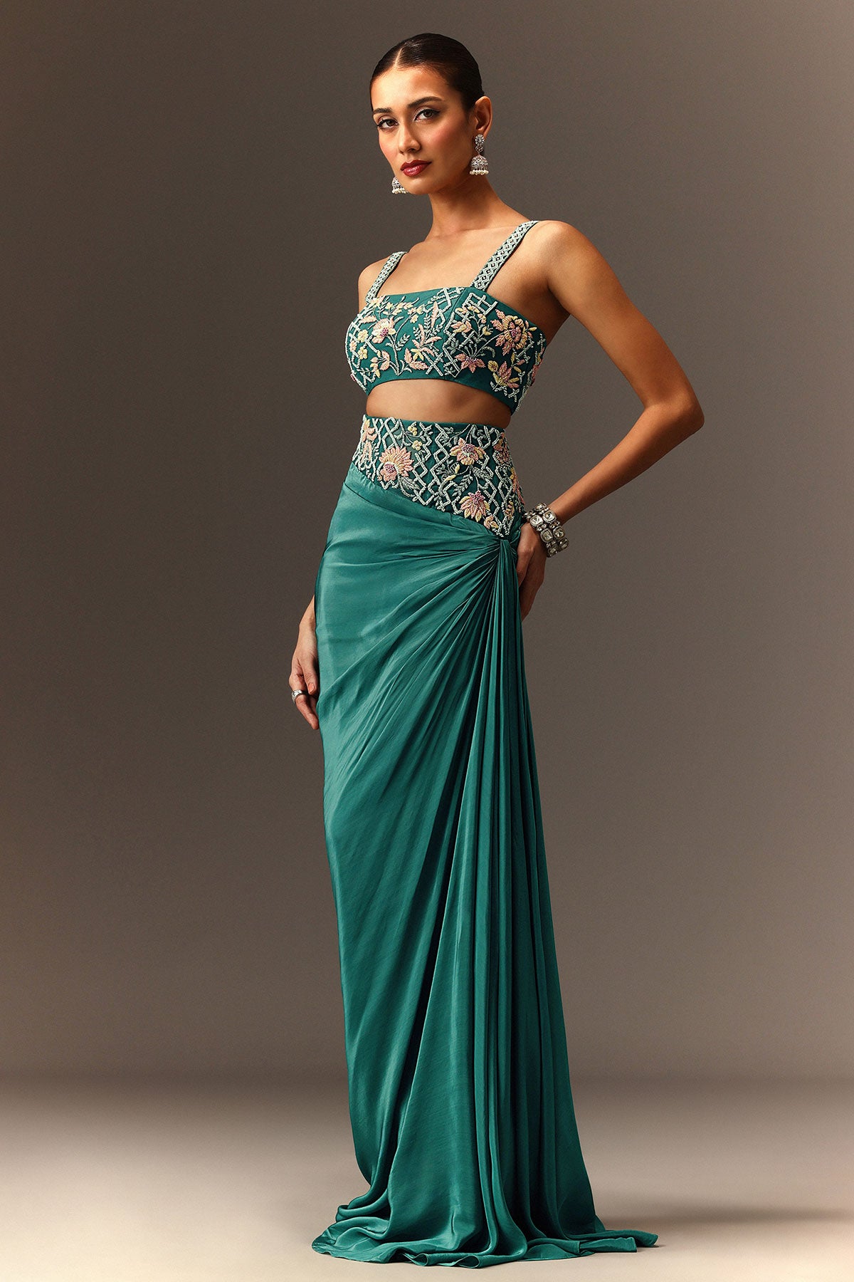 Blue Hand Embroidered Blouse And Drape Skirt With Cape