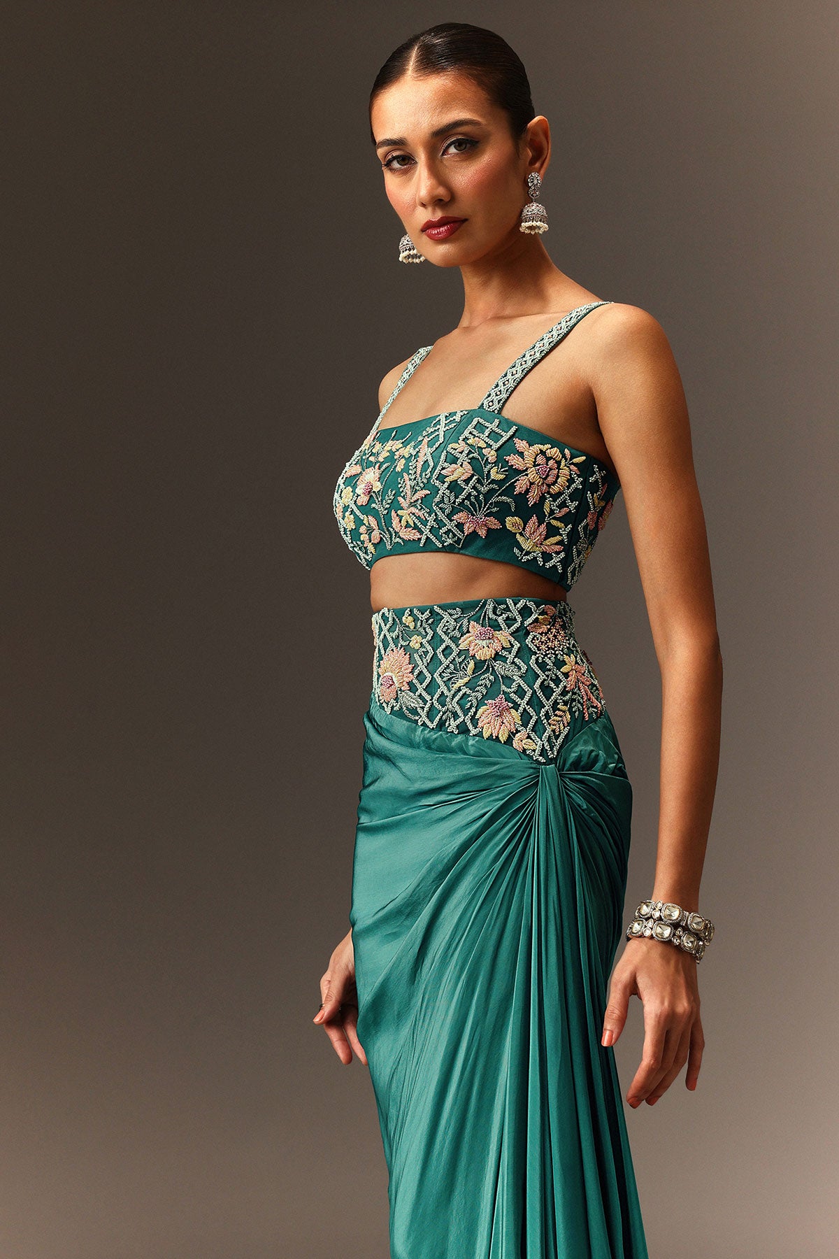 Blue Hand Embroidered Blouse And Drape Skirt With Cape