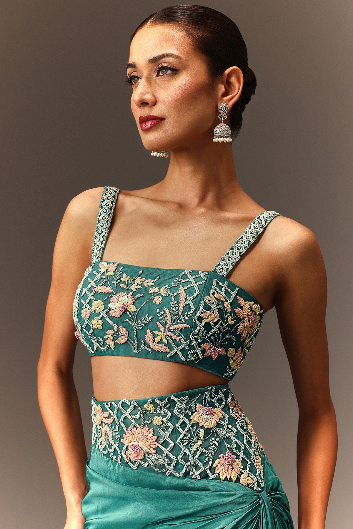 Blue Hand Embroidered Blouse And Drape Skirt With Cape