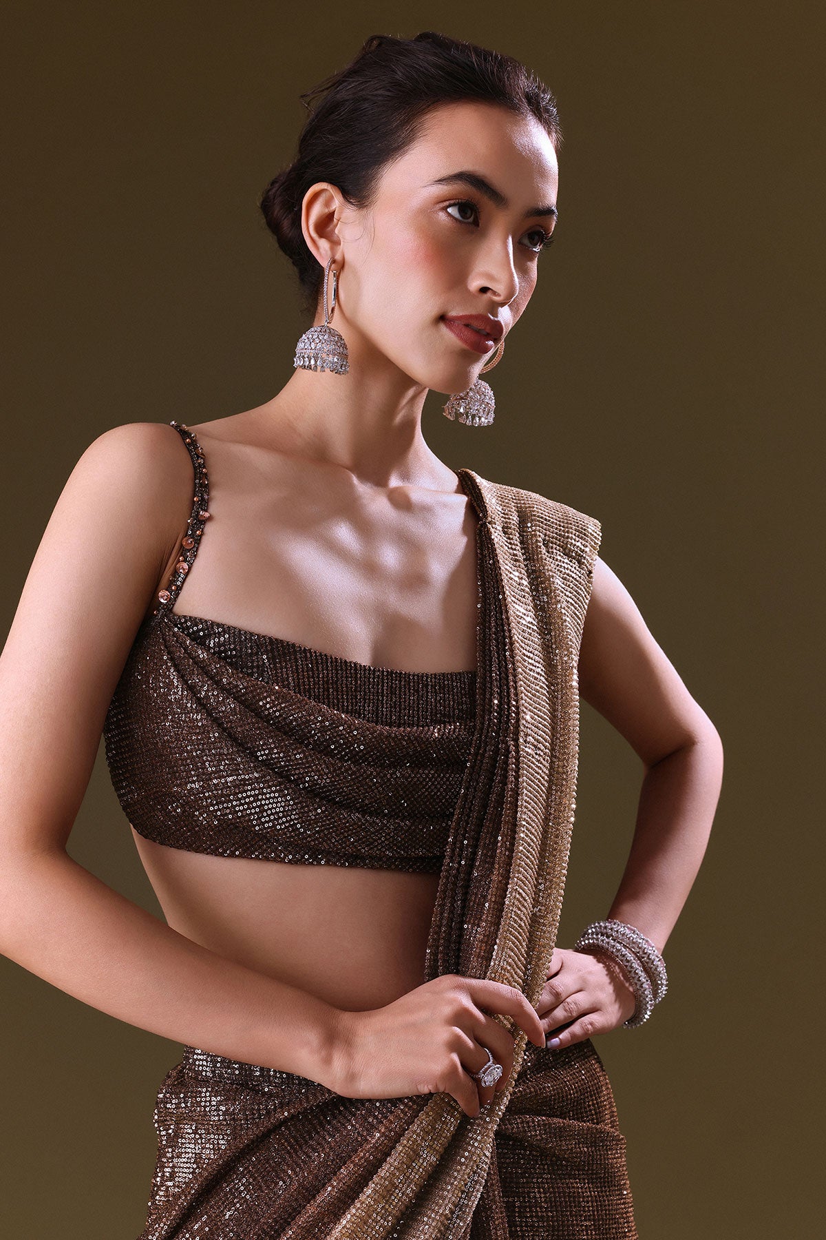 Brown Pre Stitched Saree With Cowl Blouse
