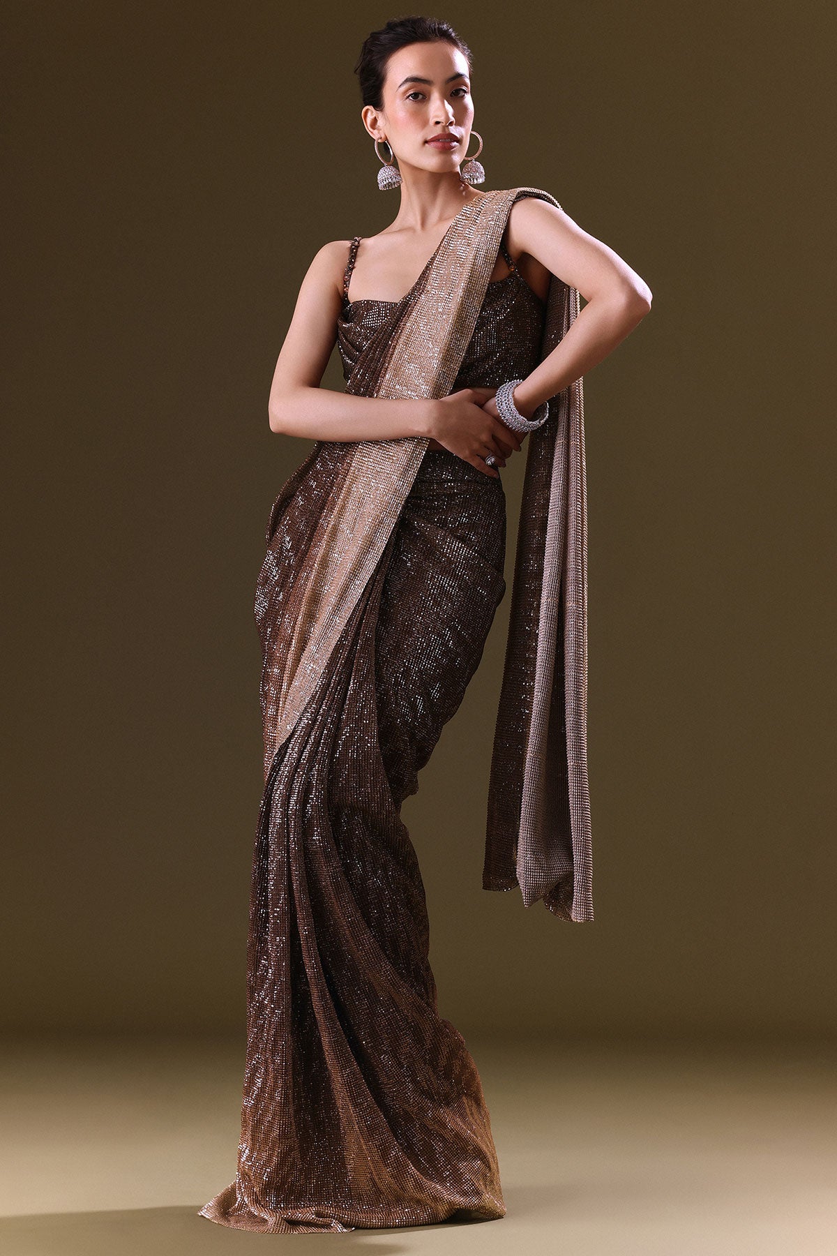 Brown Pre Stitched Saree With Cowl Blouse