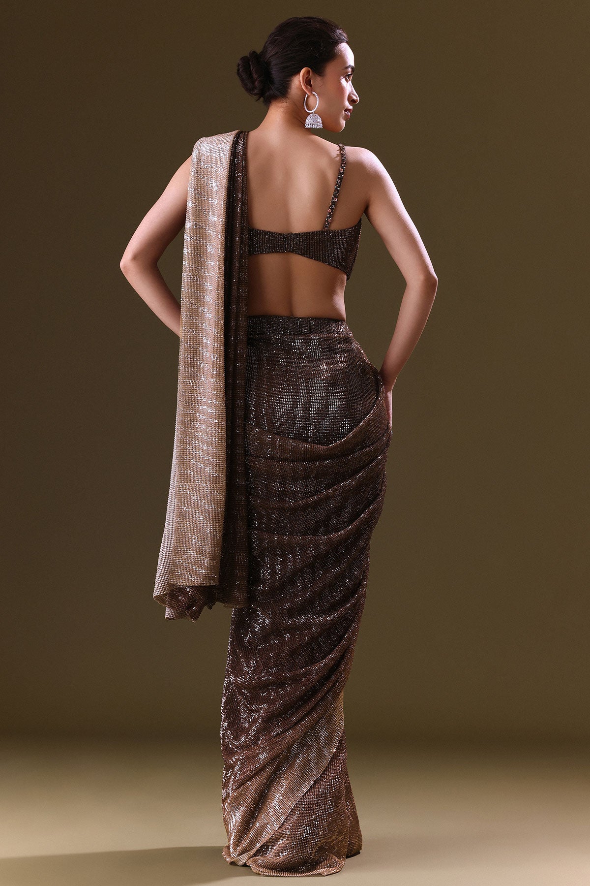 Brown Pre Stitched Saree With Cowl Blouse
