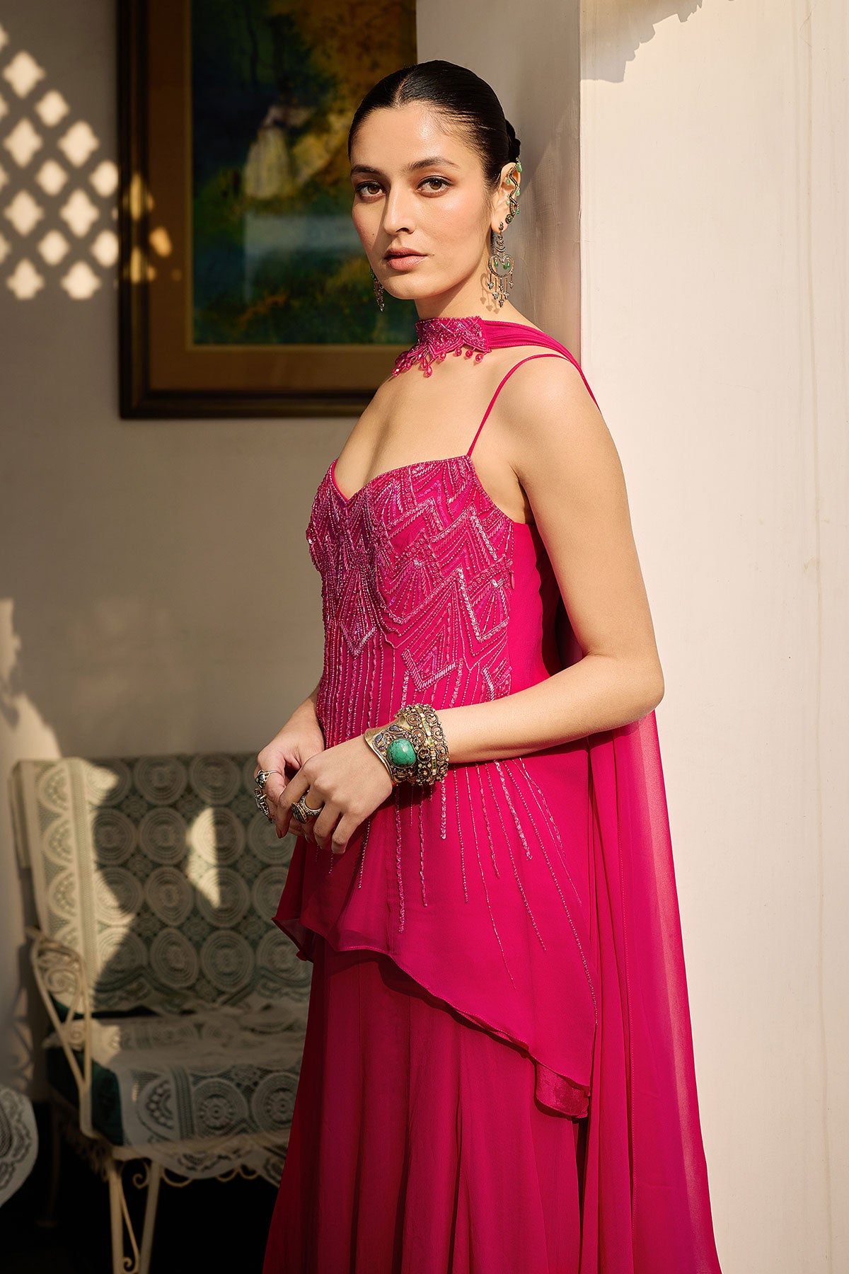 Dark Pink Georgette Sharara Set With Embroidered Kurta And Choker Dupatta