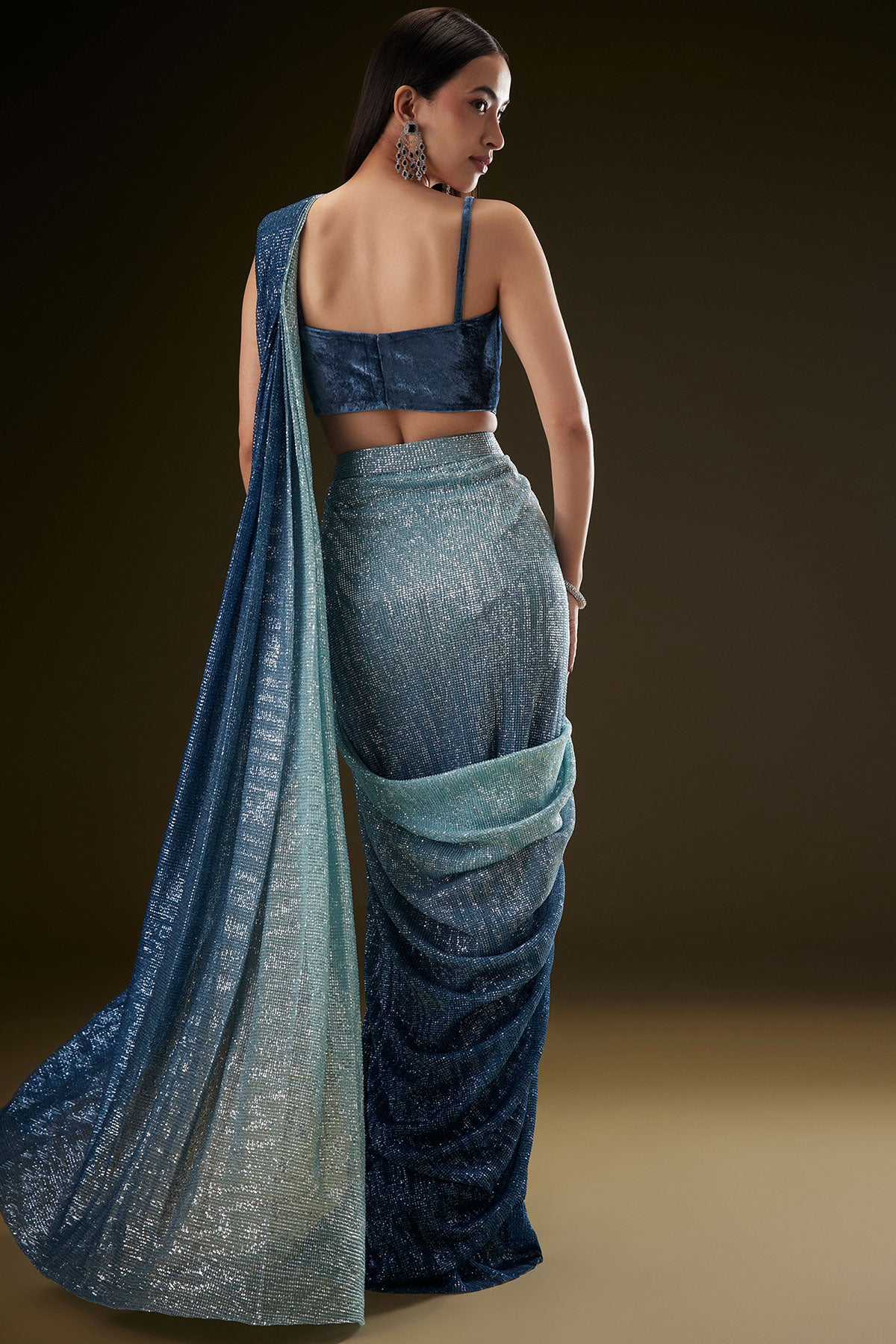 Teal Ombre Sequence Ready To Wear Saree With Velvet Blouse