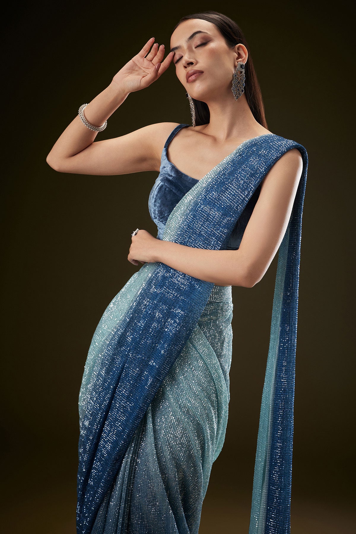 Teal Ombre Sequence Ready To Wear Saree With Velvet Blouse