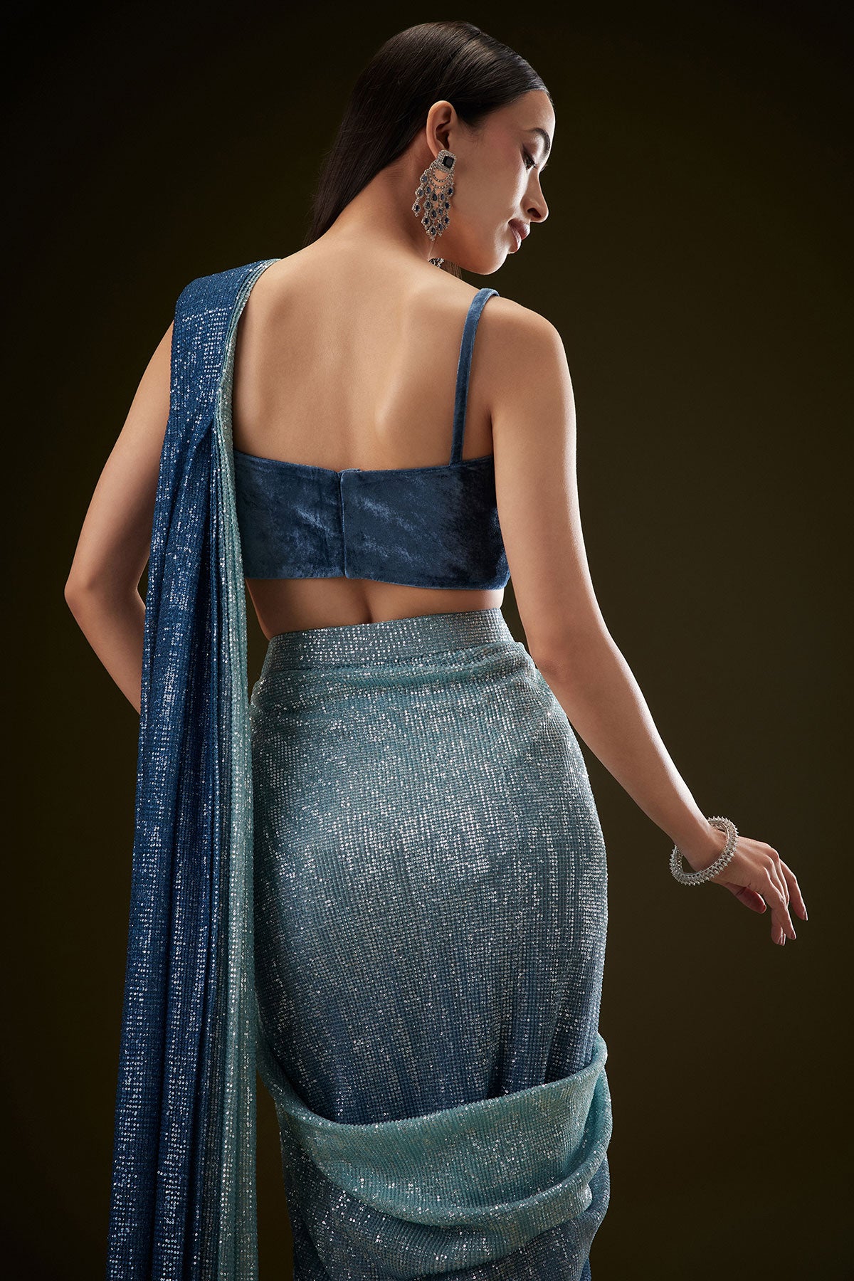 Teal Ombre Sequence Ready To Wear Saree With Velvet Blouse