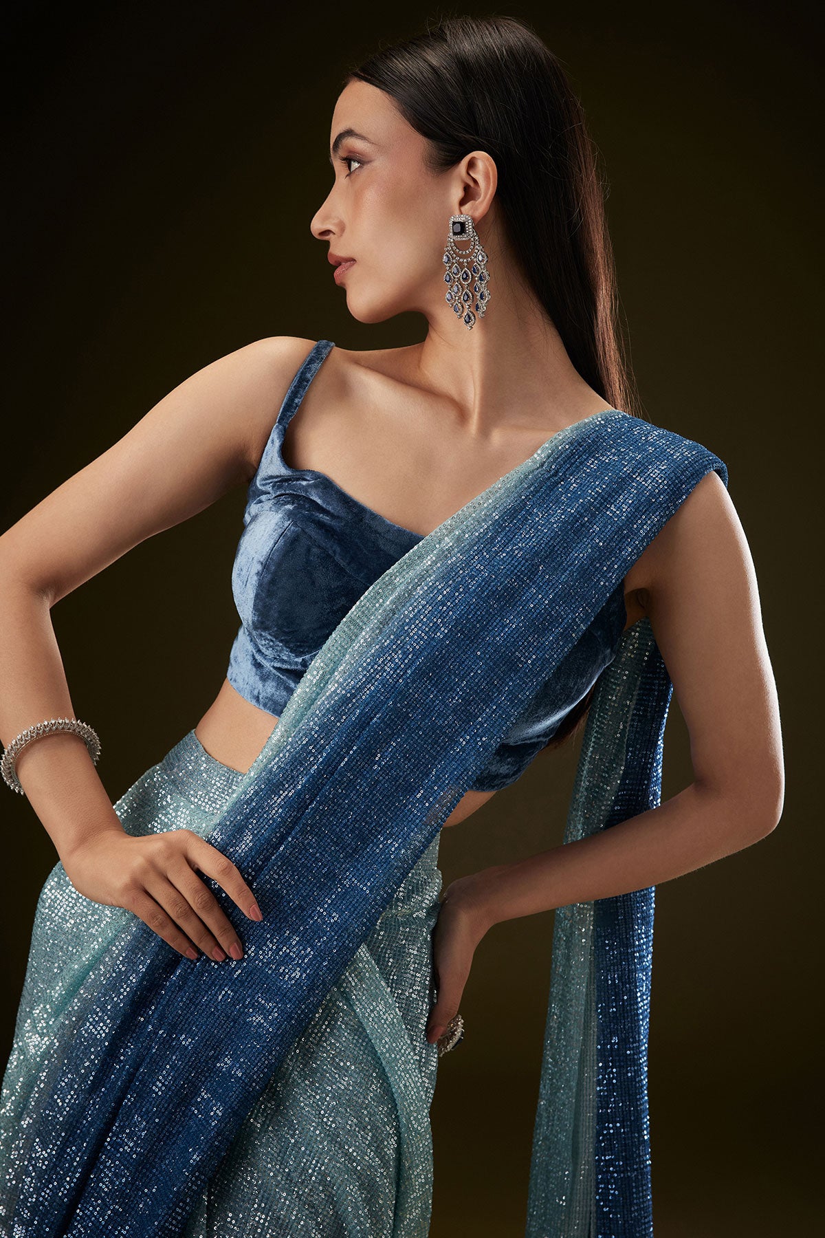 Teal Ombre Sequence Ready To Wear Saree With Velvet Blouse