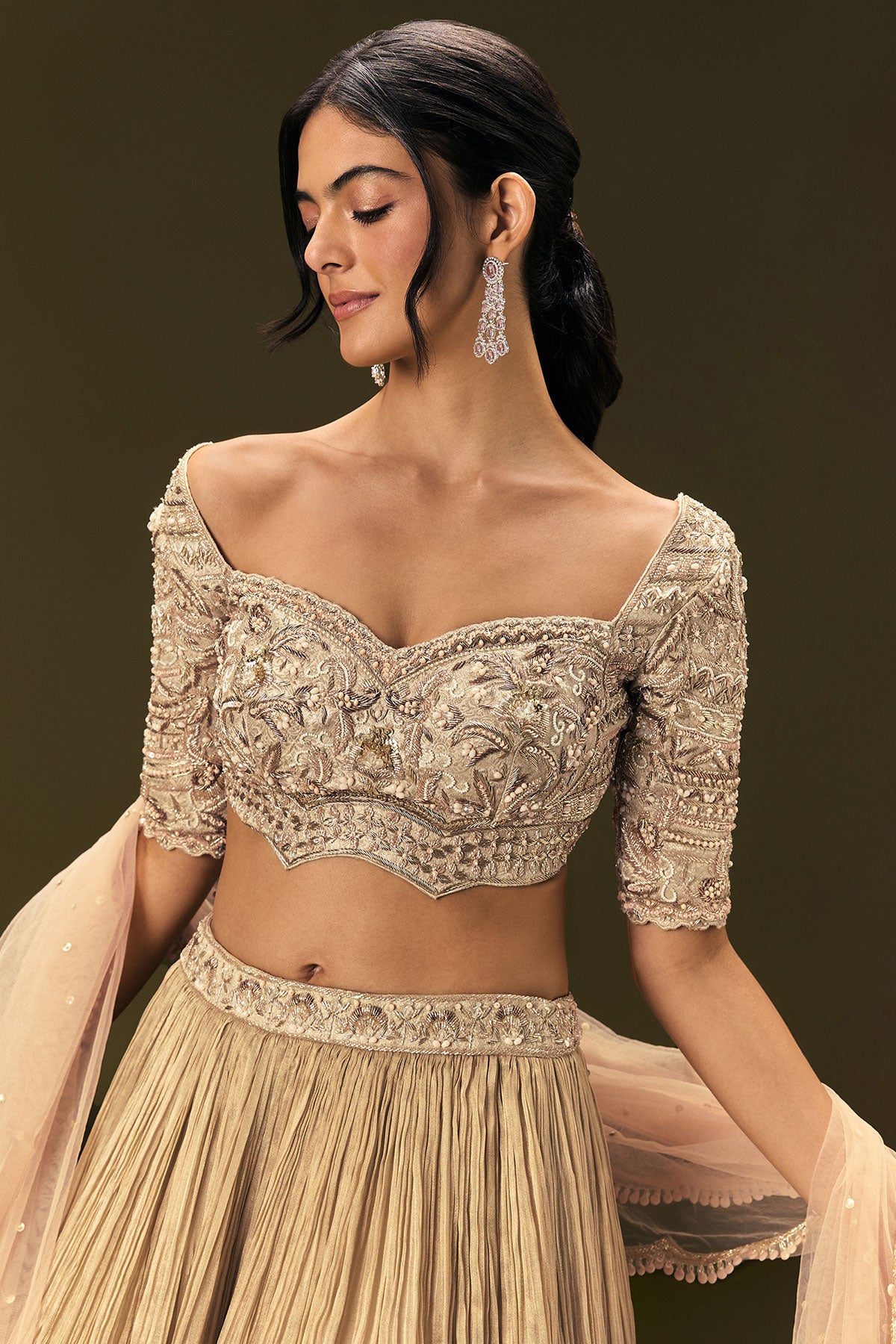 Light Peach Banarasi Silk Lehenga Dupatta With Embroidered Blouse