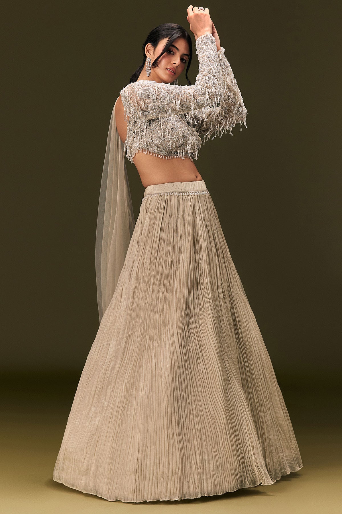 Beige Net Embroidered Blouse With Ruched Lehenga And Choker Dupatta
