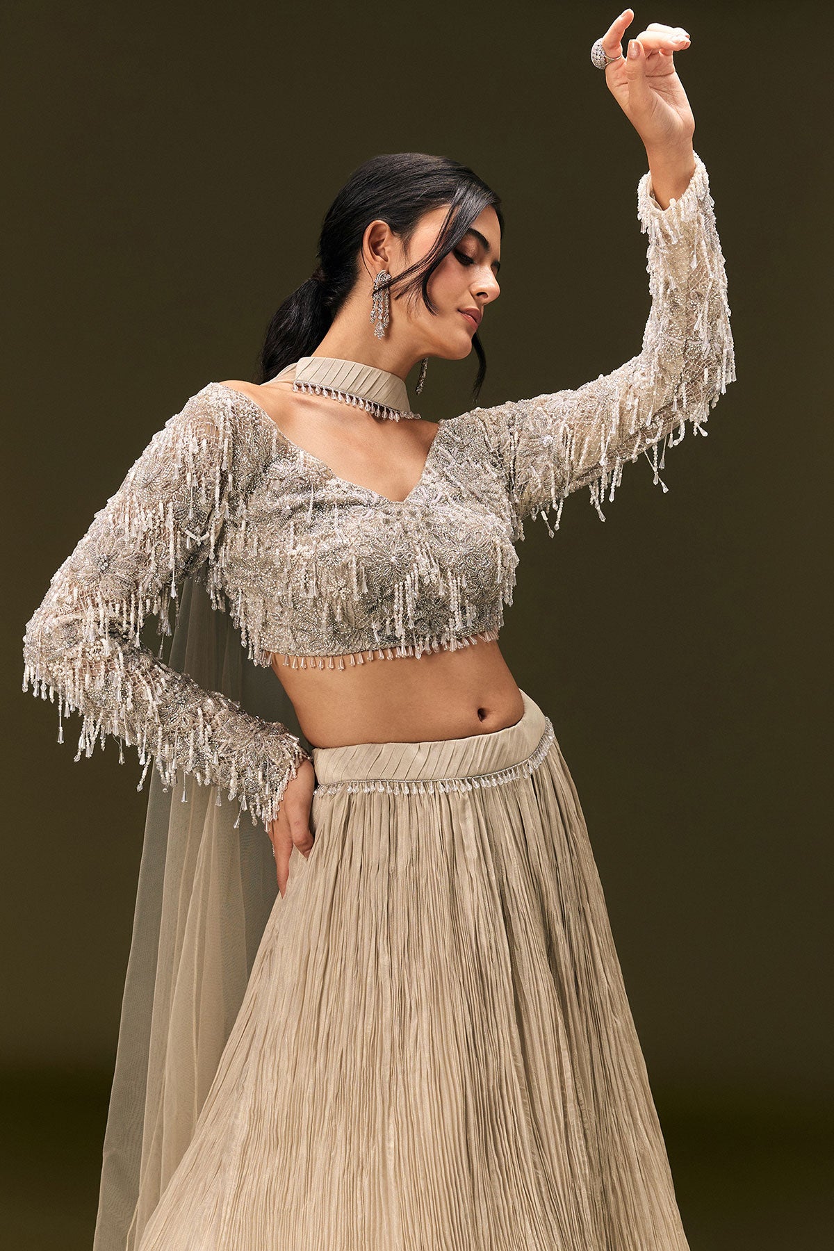 Beige Net Embroidered Blouse With Ruched Lehenga And Choker Dupatta