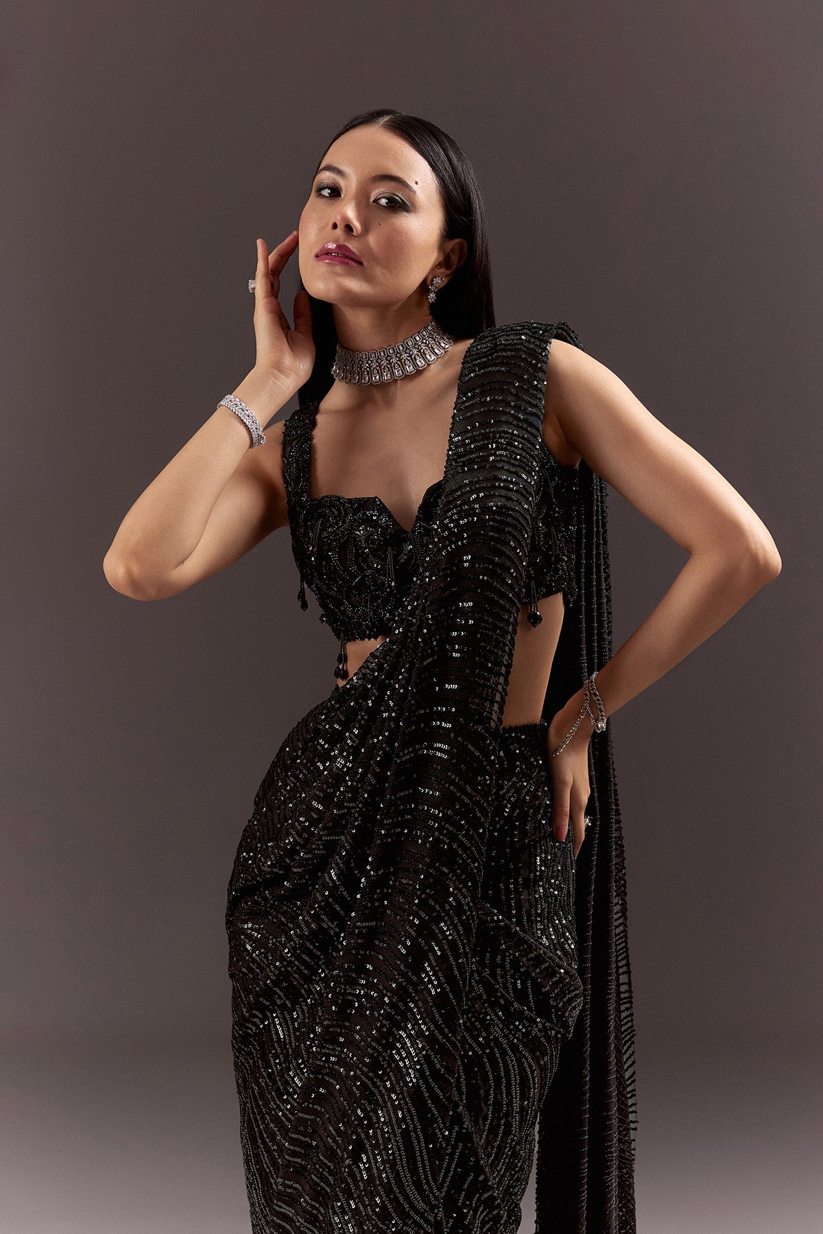 Black Ready To Wear Saree With 3D Patching And Fancy Neck Blouse