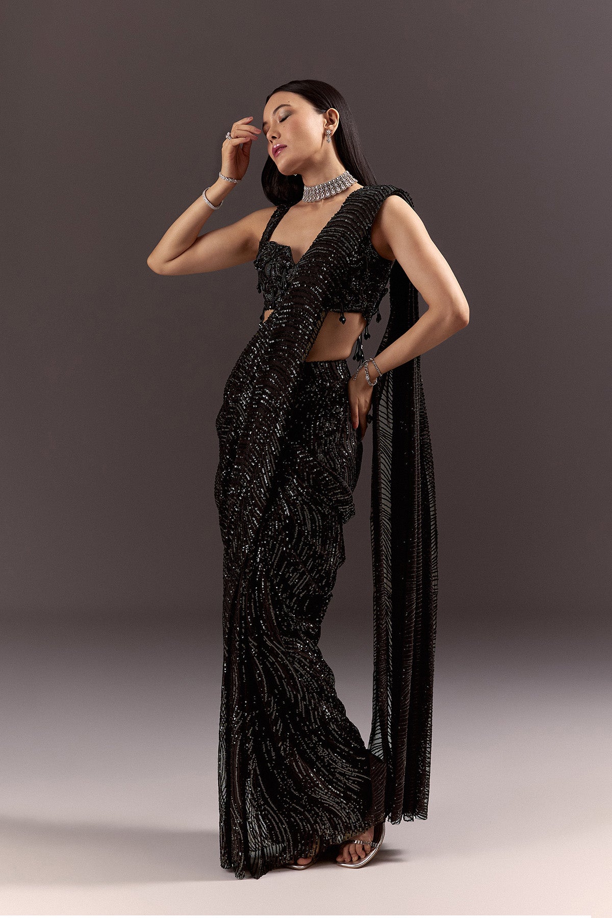 Black Ready To Wear Saree With 3D Patching And Fancy Neck Blouse