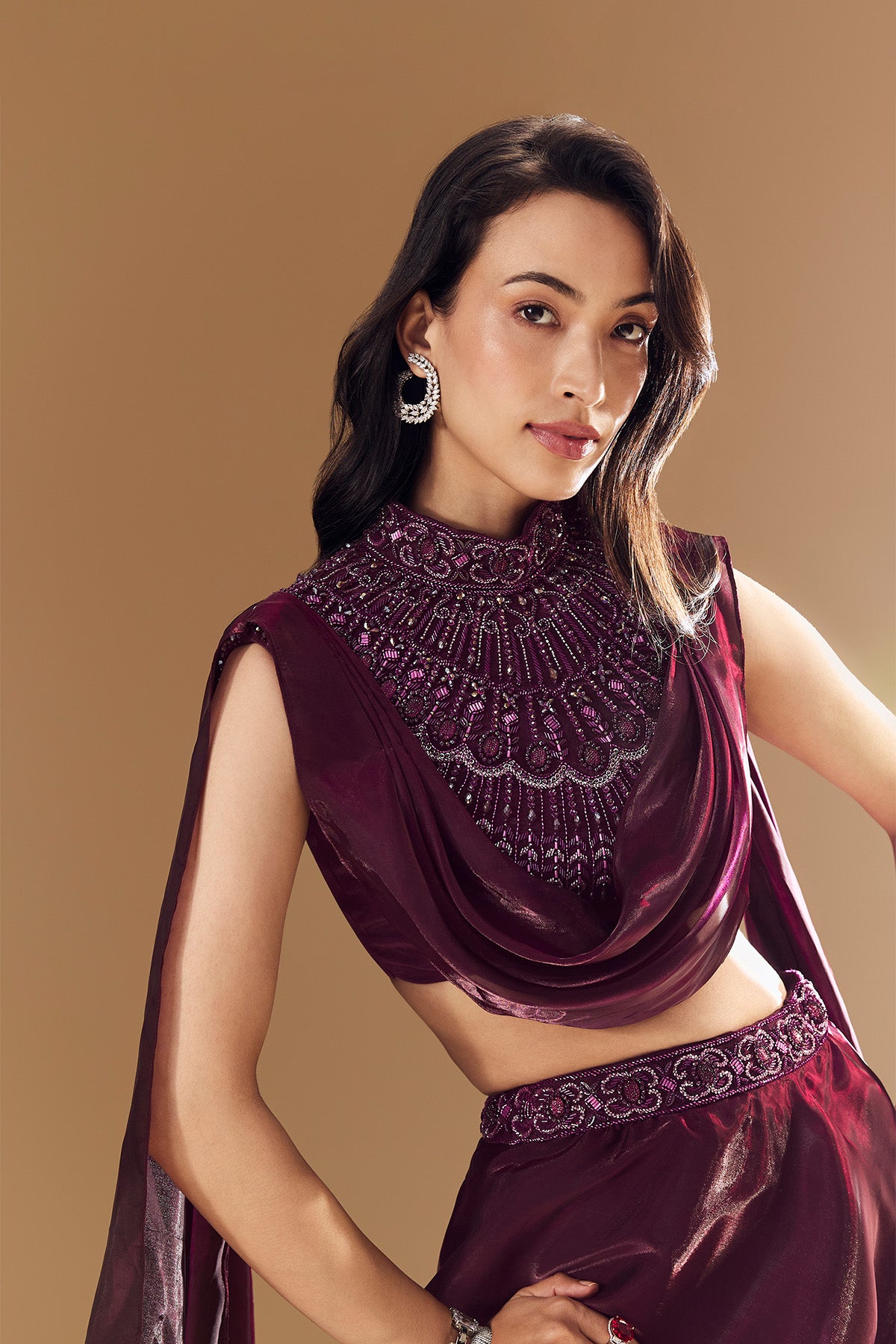 Wine Bridesmaid Organza Lehega with Cape