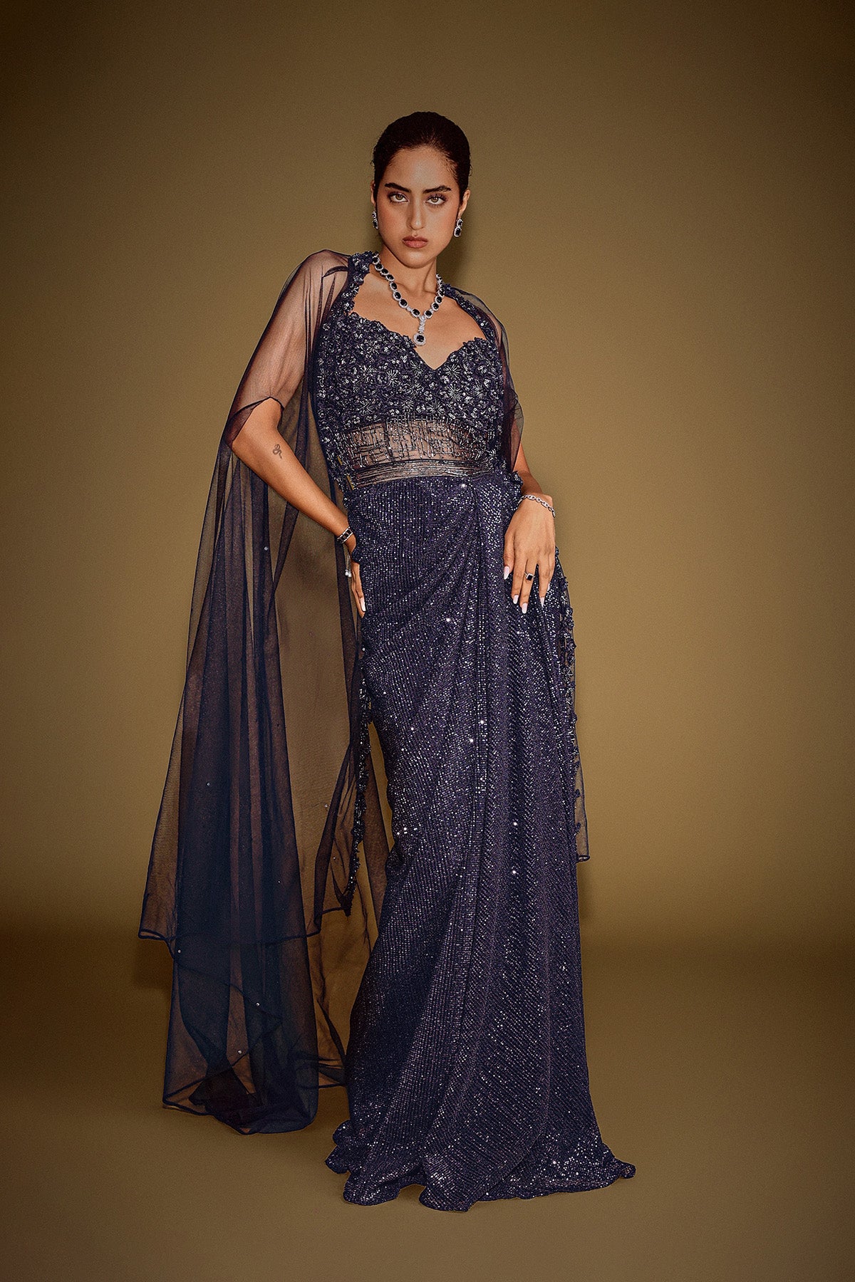 Midnight Blue Corset Gown With Drape And Embroidered Cape