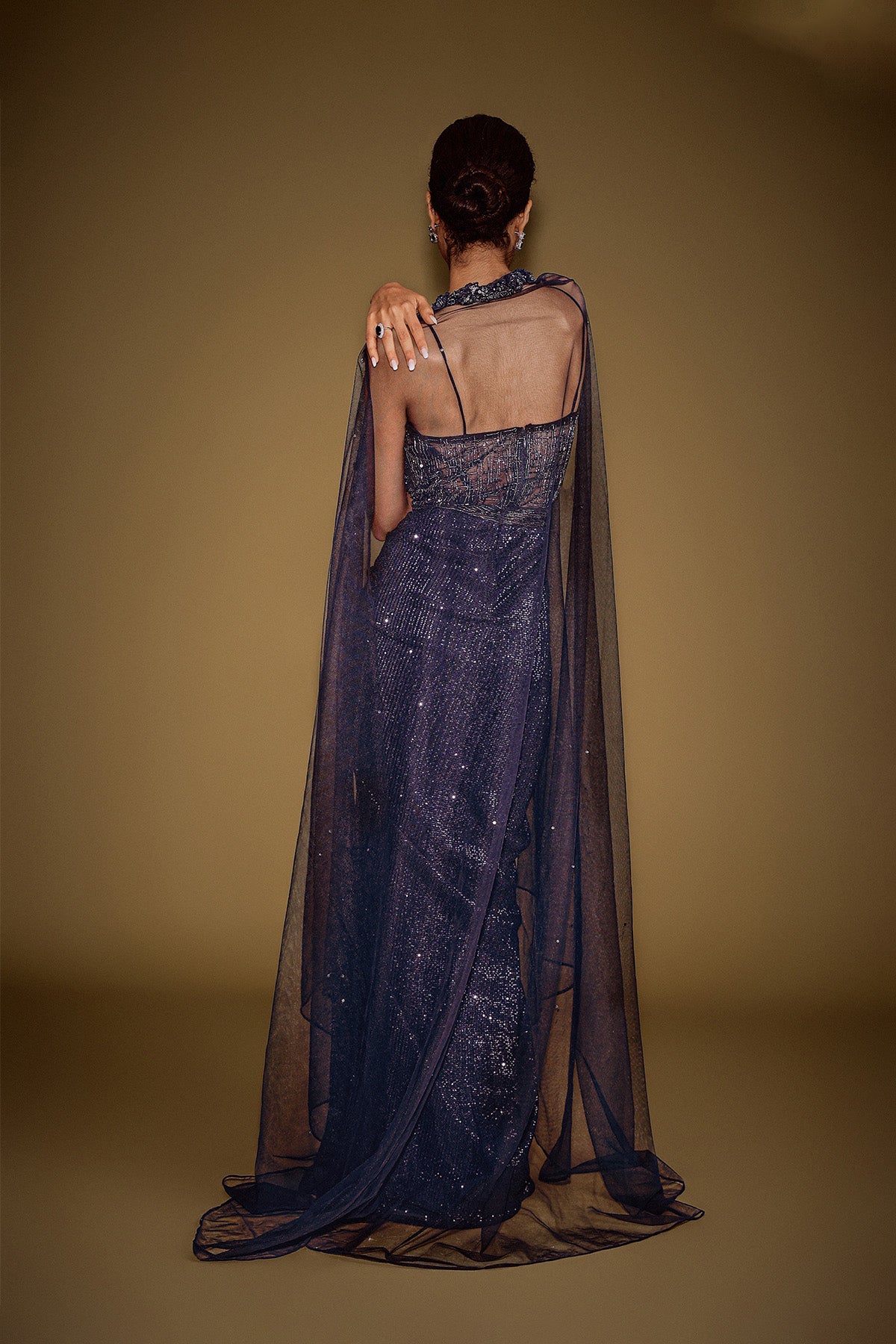 Midnight Blue Corset Gown With Drape And Embroidered Cape