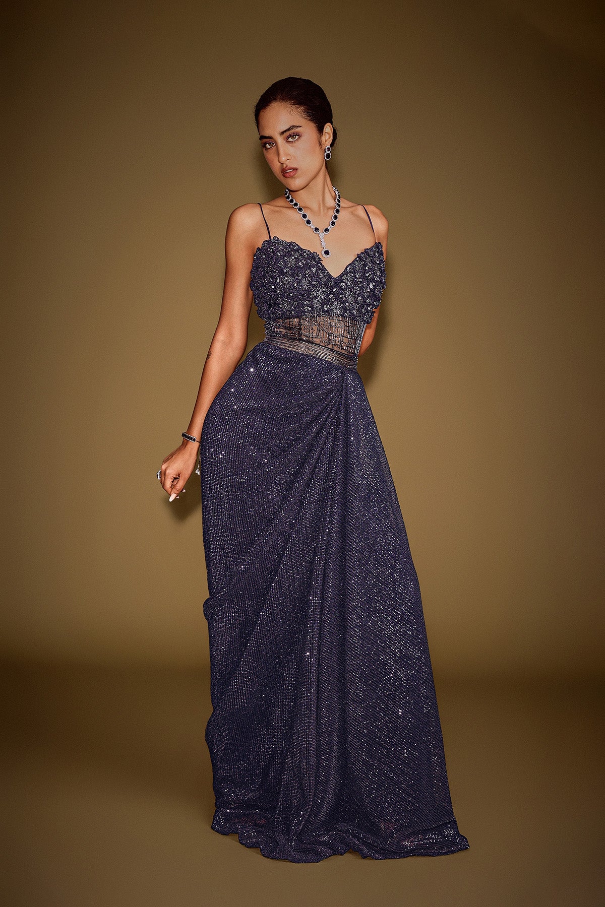 Midnight Blue Corset Gown With Drape And Embroidered Cape