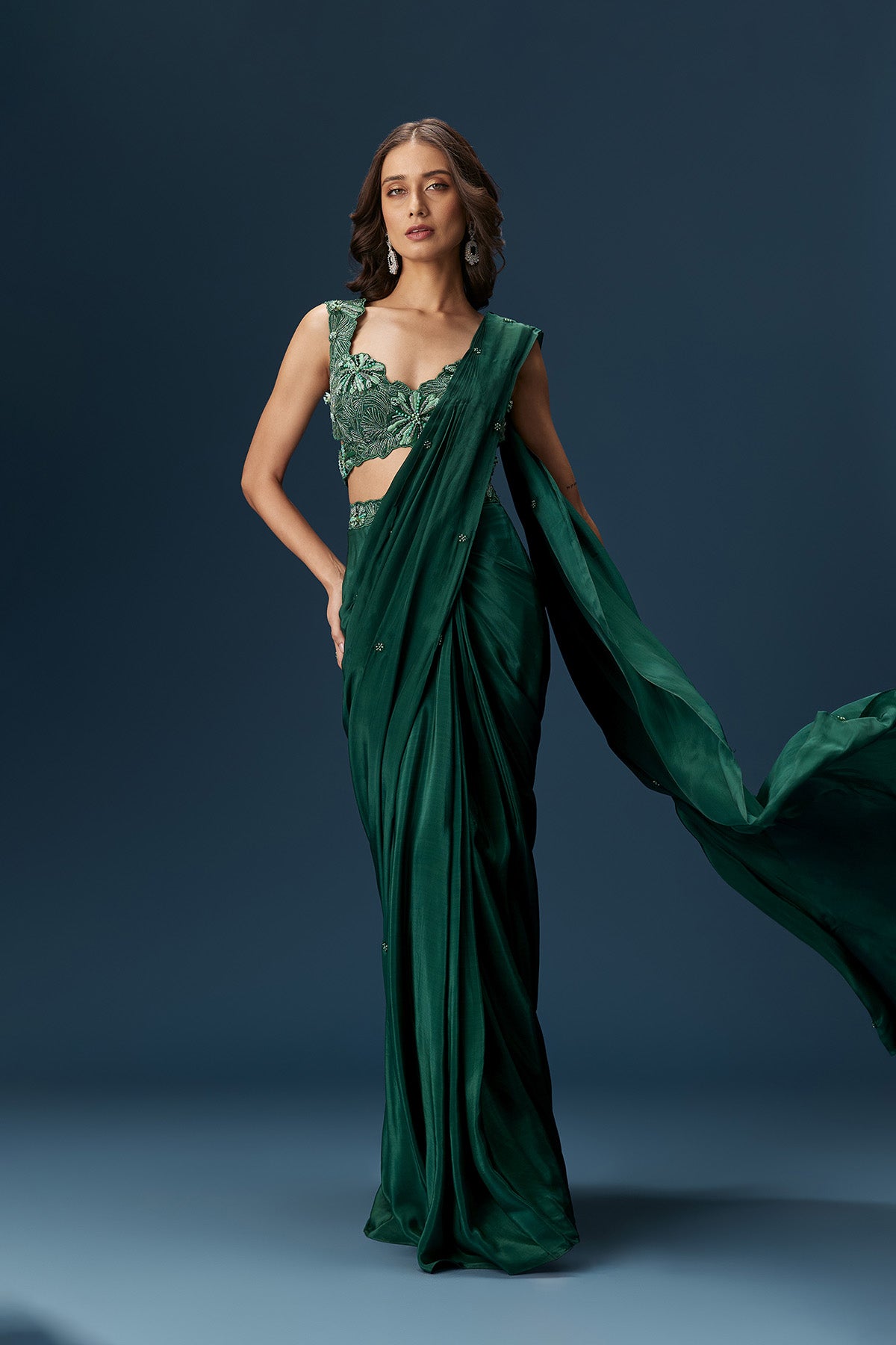 Dark Green Ready Pleated Saree With Embellished Blouse