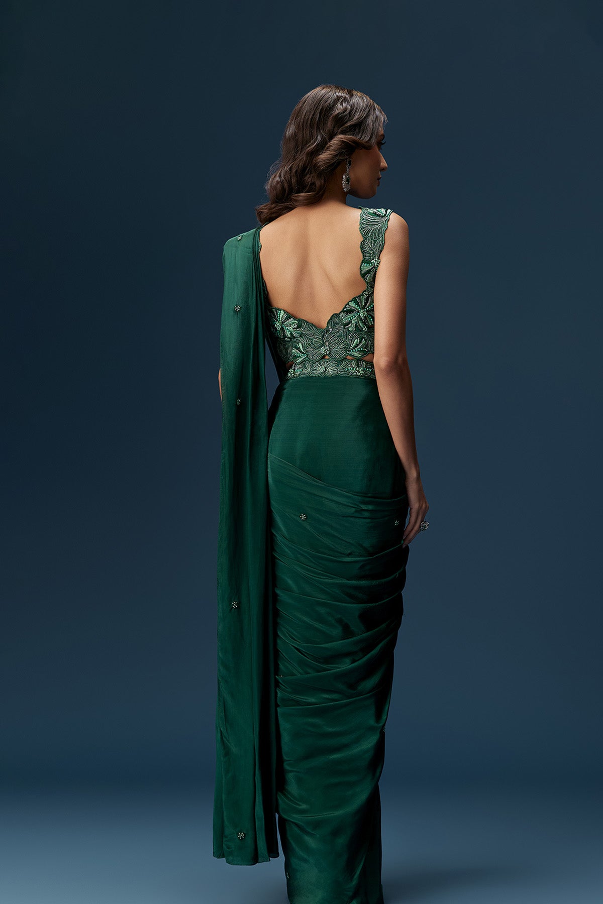 Dark Green Ready Pleated Saree With Embellished Blouse