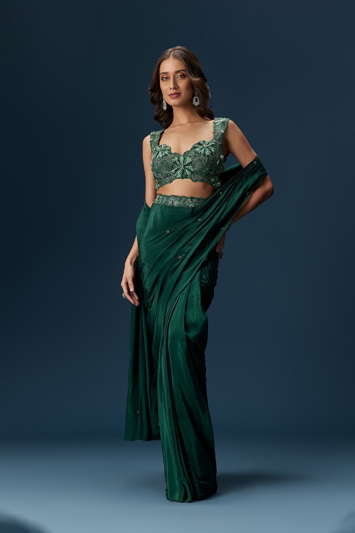 Dark Green Ready Pleated Saree With Embellished Blouse