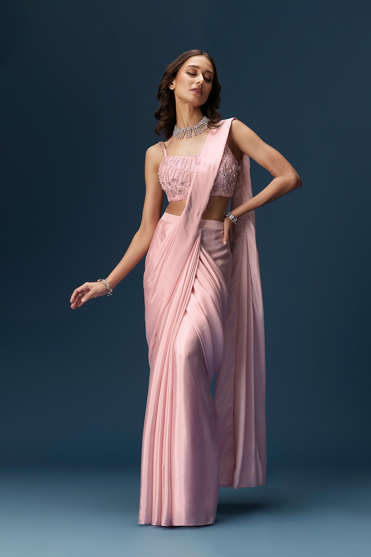 Pink Ready Pleated Saree With Embroidered Blouse