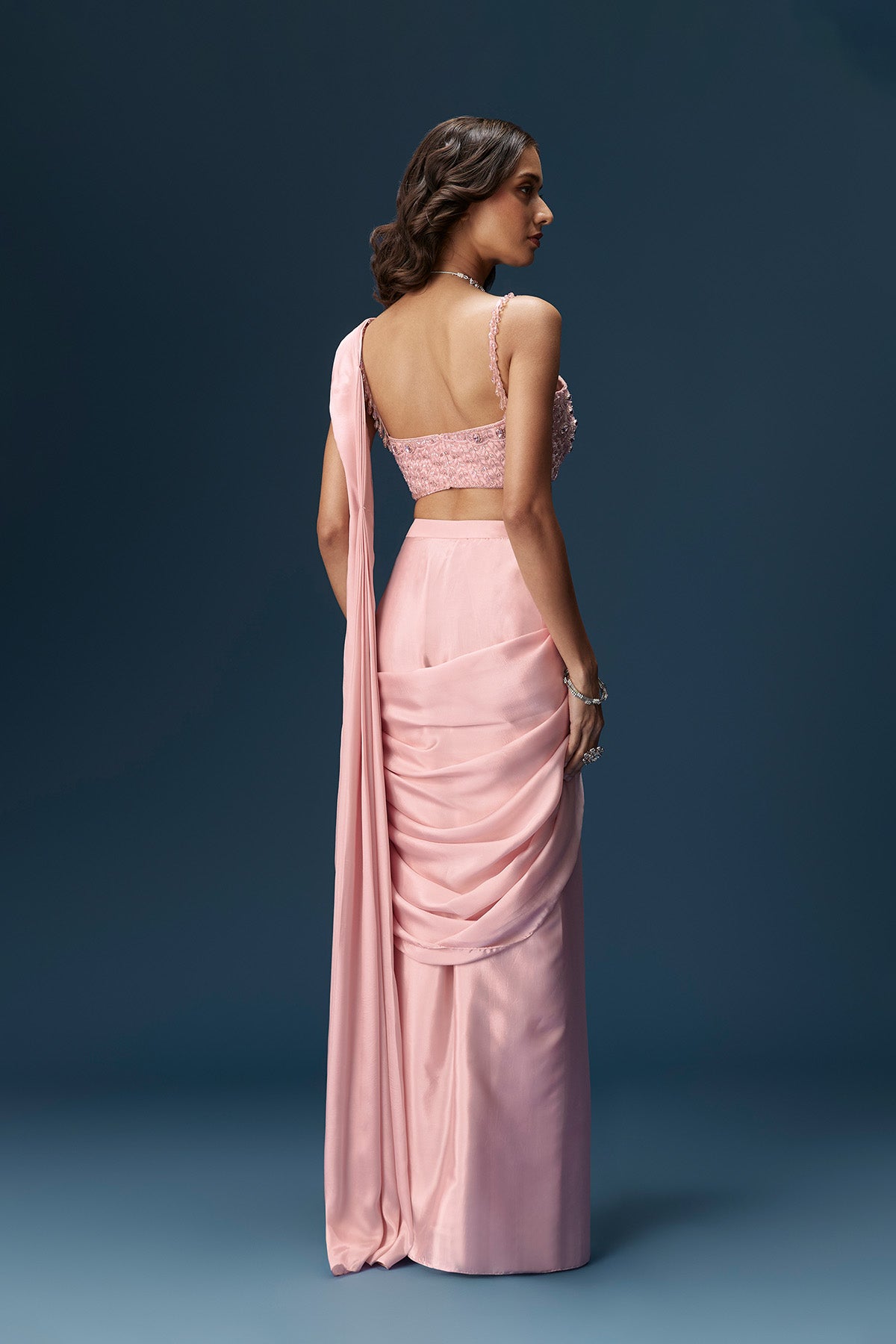 Pink Ready Pleated Saree With Embroidered Blouse