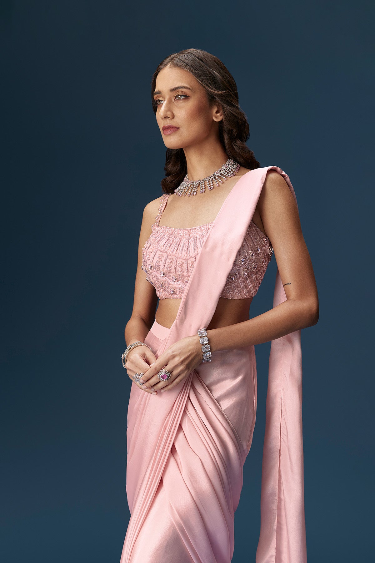 Pink Ready Pleated Saree With Embroidered Blouse