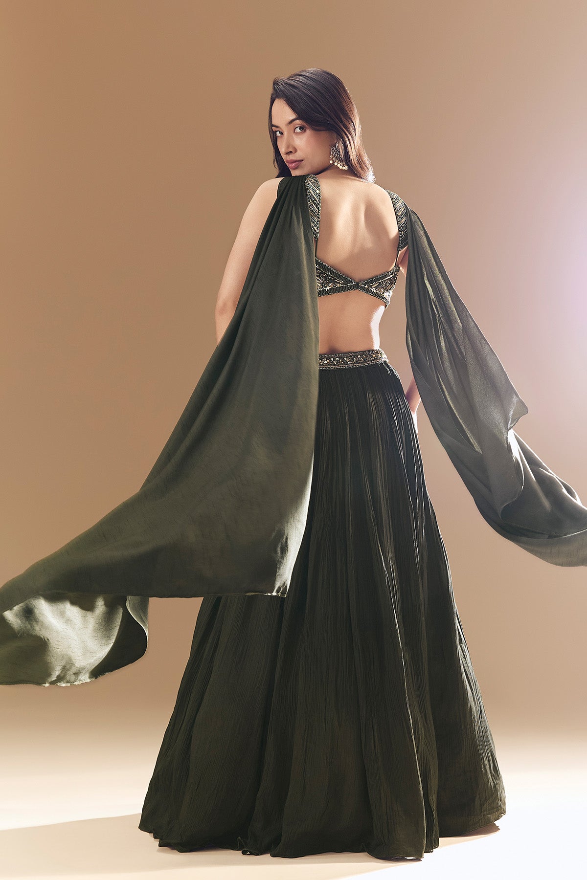 Green Ruched Bridesmaid Lehega with Choker Dupatta