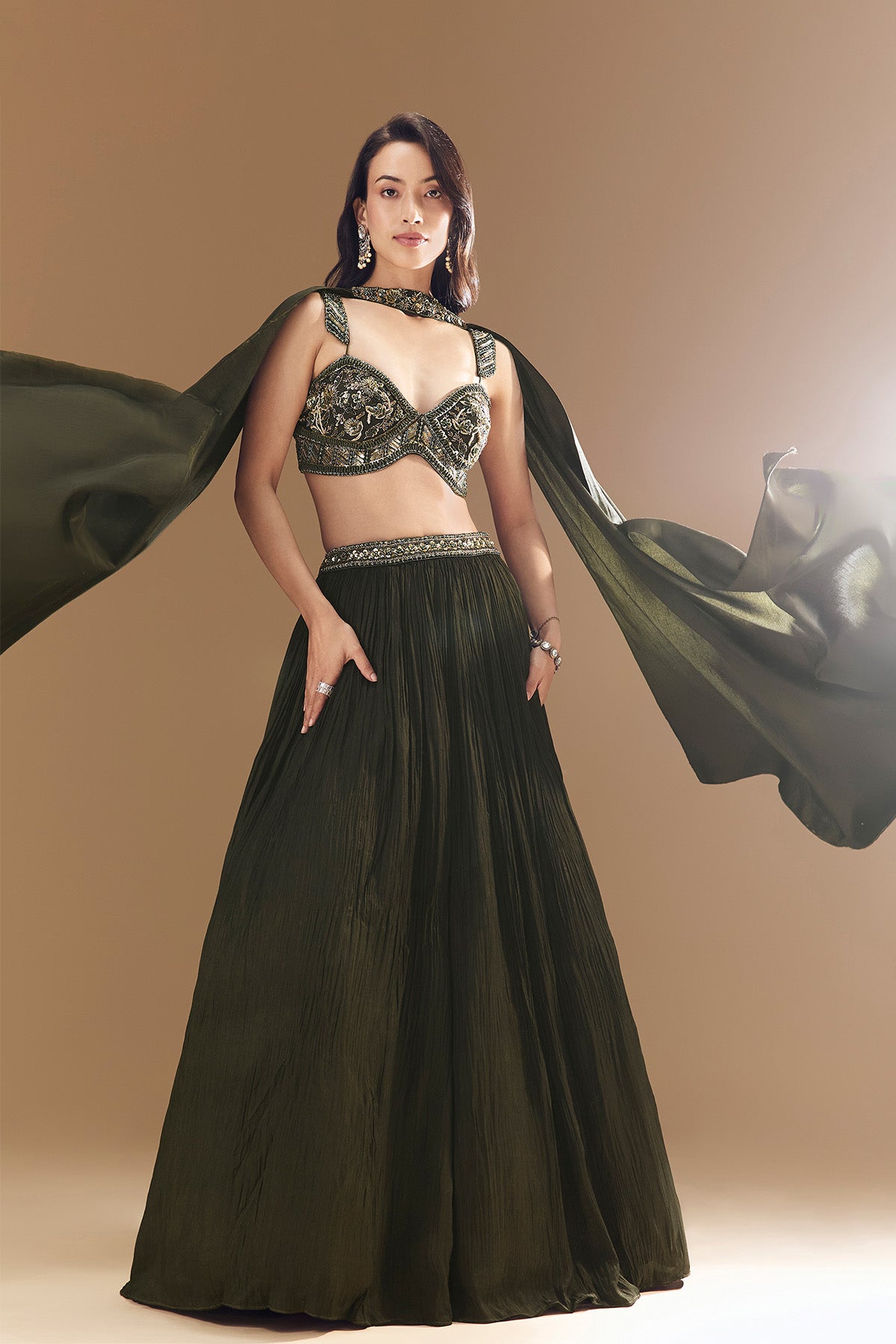 Green Ruched Bridesmaid Lehega with Choker Dupatta