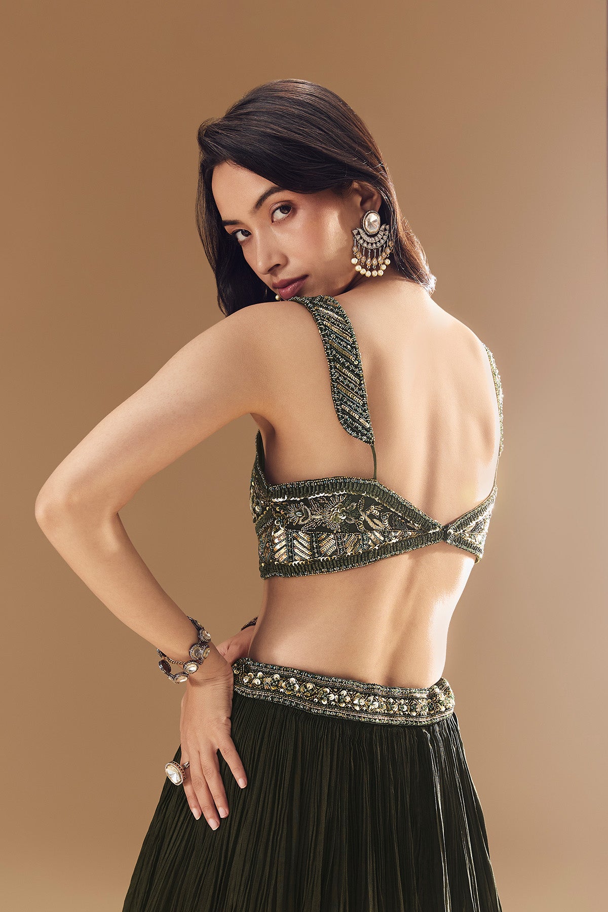 Green Ruched Bridesmaid Lehega with Choker Dupatta