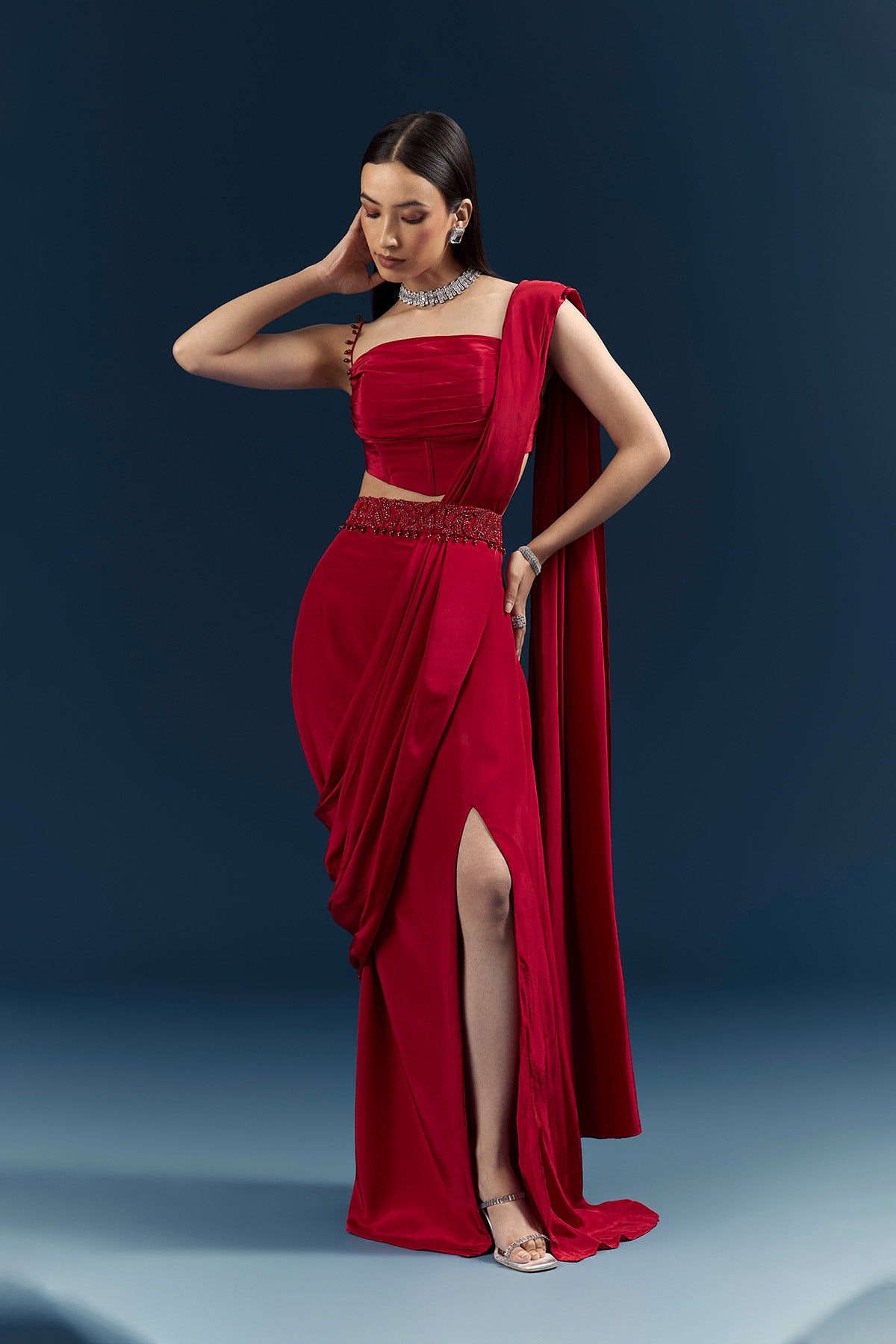 Red Crepe Ready Pleated Saree With Heavy Embroidery