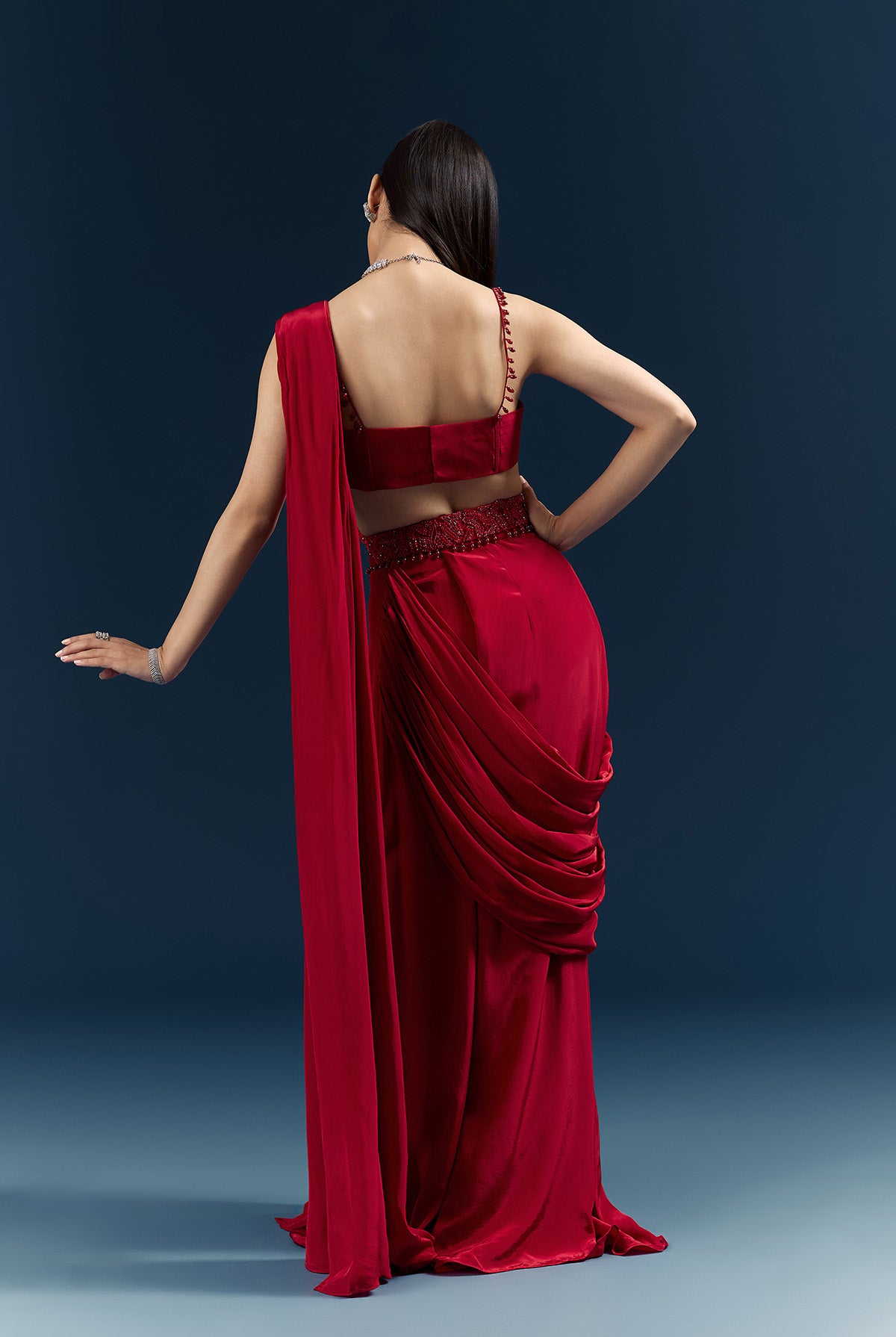 Red Crepe Ready Pleated Saree With Heavy Embroidery