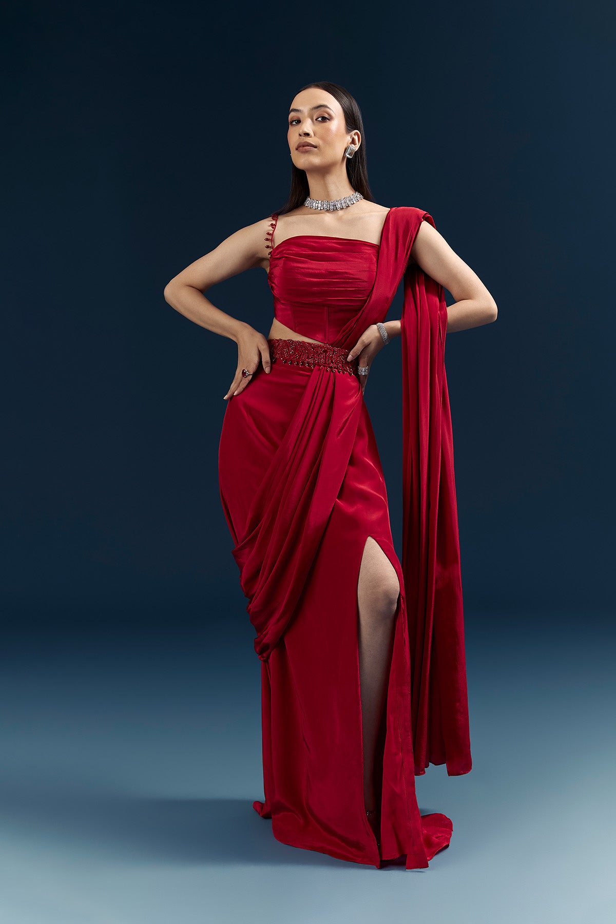 Red Crepe Ready Pleated Saree With Heavy Embroidery