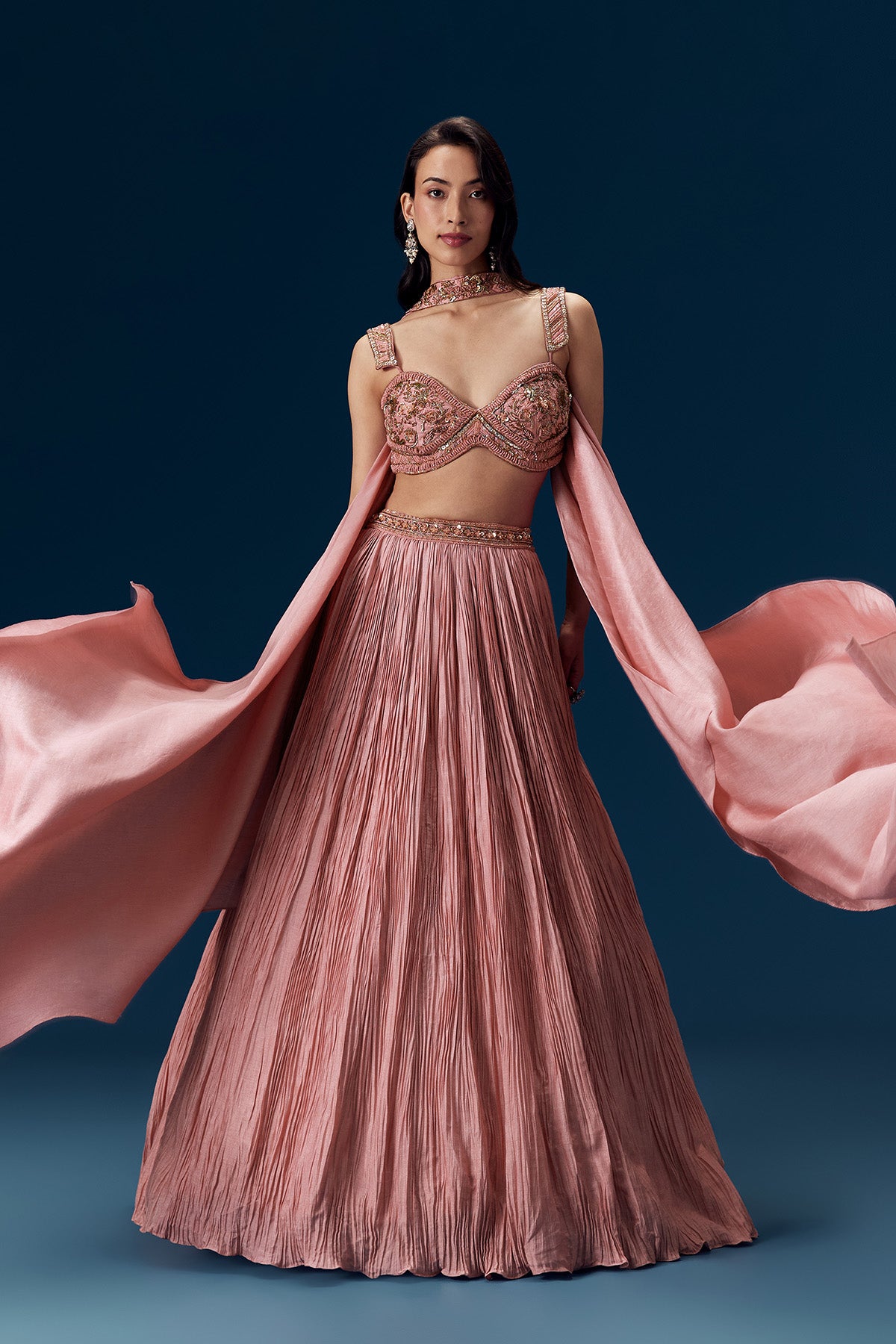 Pink Ruched Bridesmaid Lehega with Choker Dupatta