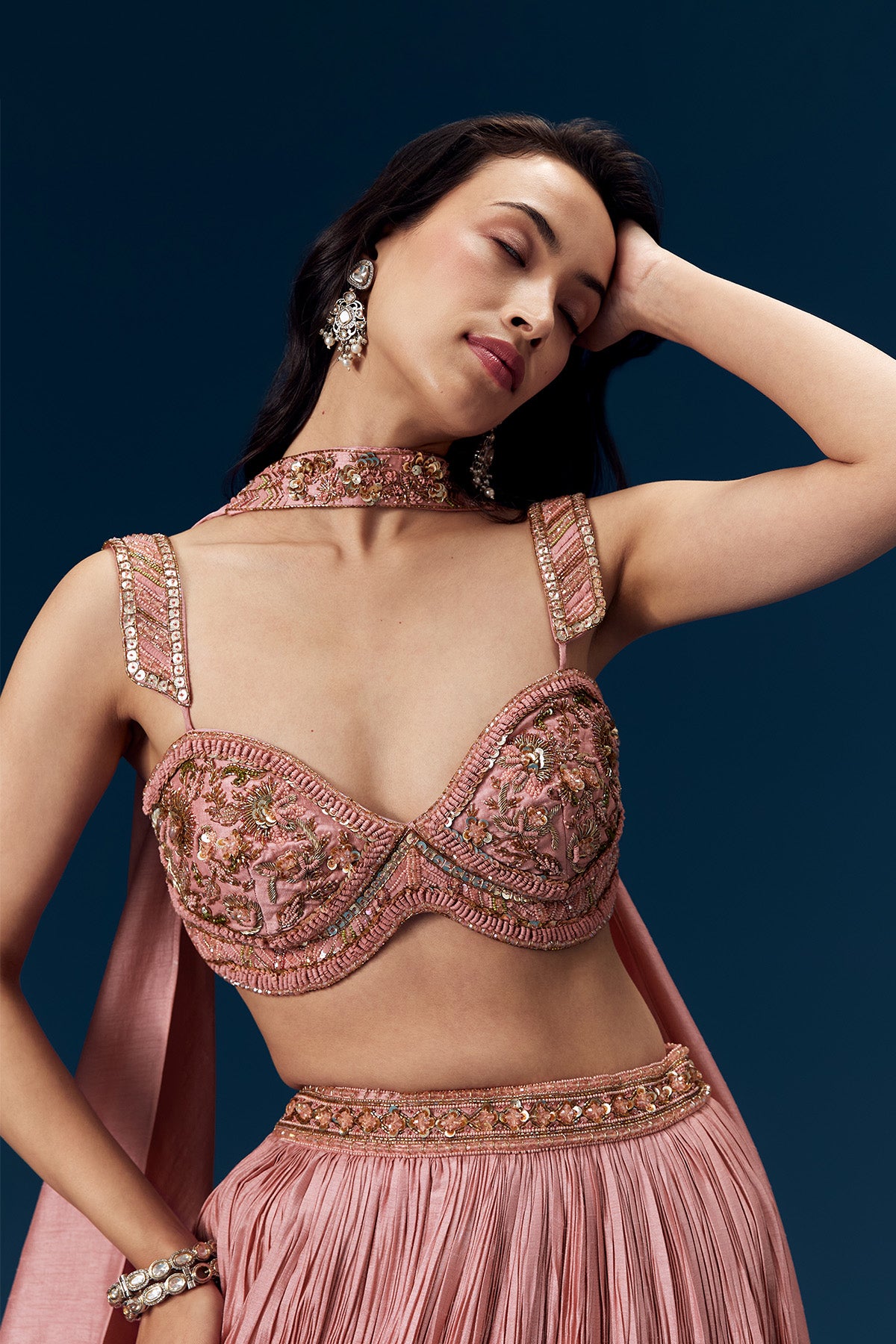 Pink Ruched Bridesmaid Lehega with Choker Dupatta