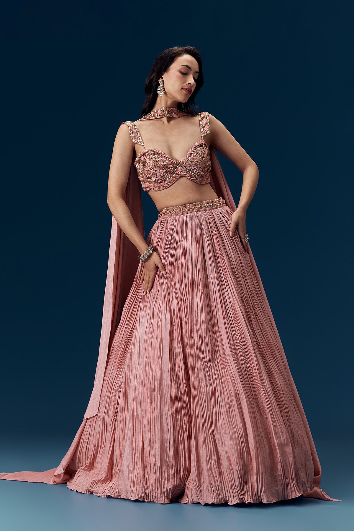 Pink Ruched Bridesmaid Lehega with Choker Dupatta