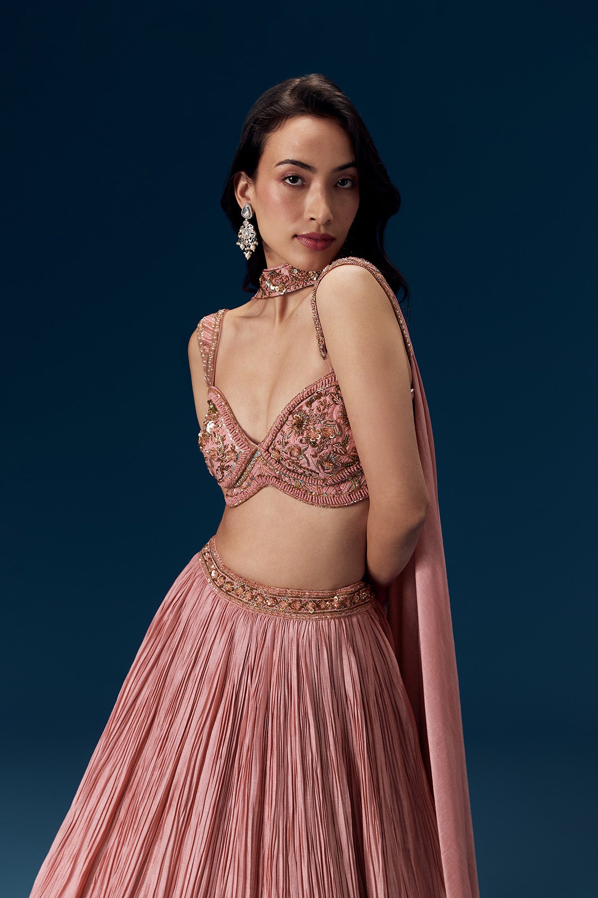 Pink Ruched Bridesmaid Lehega with Choker Dupatta
