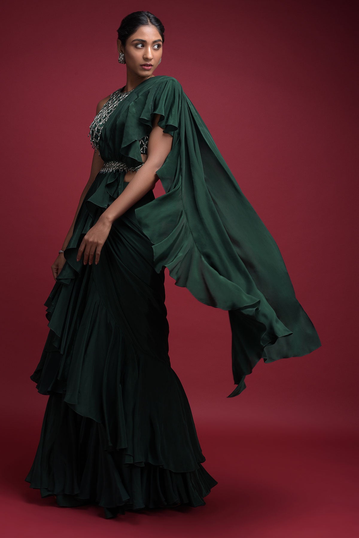 Emerald Green Saree In Crepe With Ruffled Pallu And Layered Ruffles On The Pleats