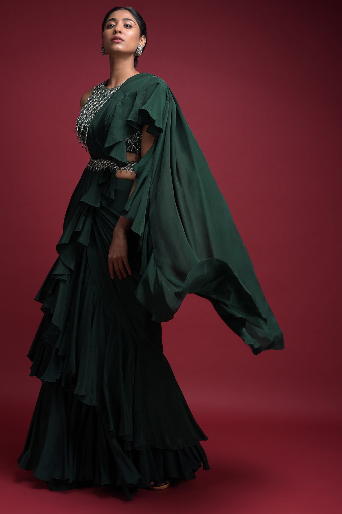 Emerald Green Saree In Crepe With Ruffled Pallu And Layered Ruffles On The Pleats