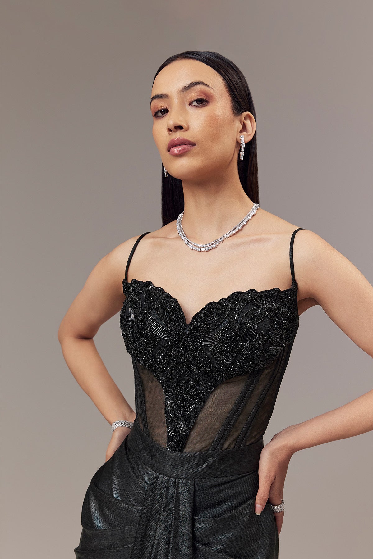 Black Contemporary Sleeveless Corset And Drape Skirt With Embroidery And Cut Dana Detail Work