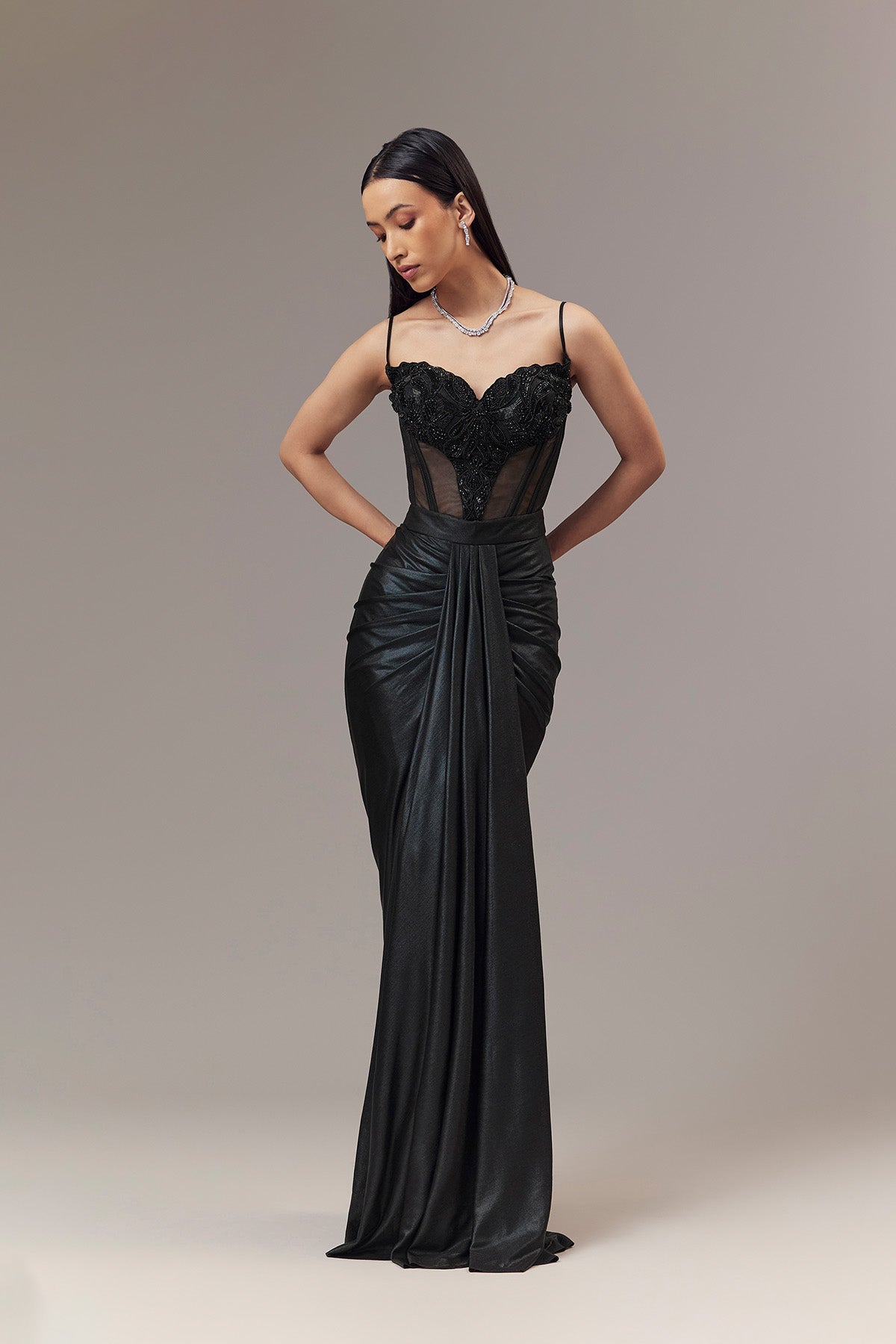 Black Contemporary Sleeveless Corset And Drape Skirt With Embroidery And Cut Dana Detail Work