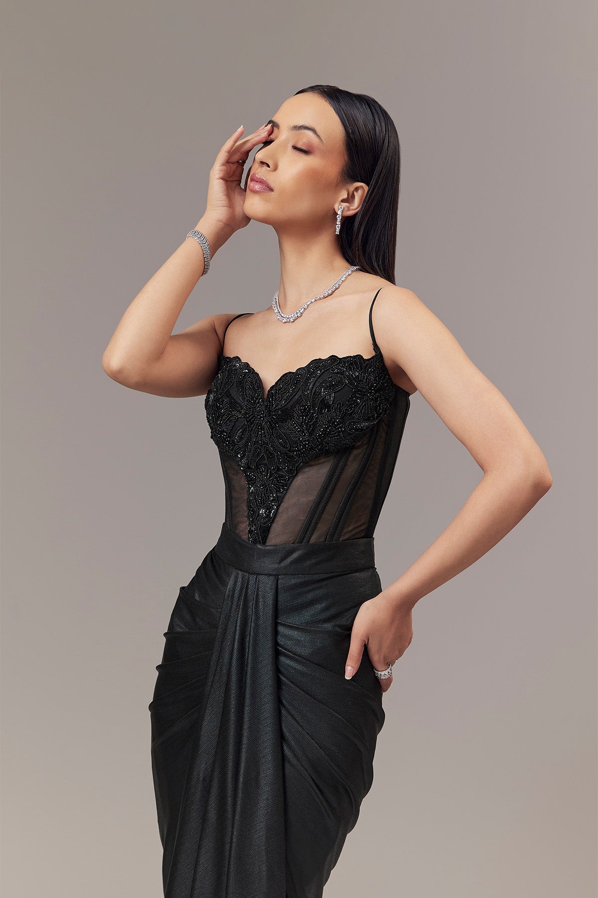 Black Contemporary Sleeveless Corset And Drape Skirt With Embroidery And Cut Dana Detail Work