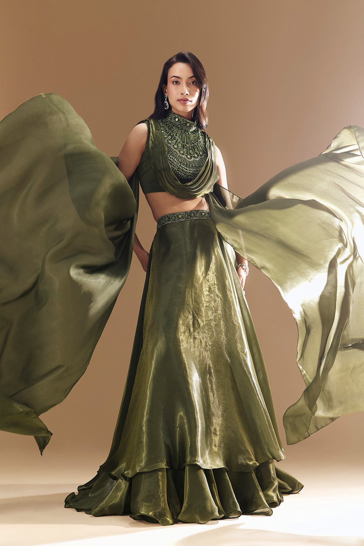 Green Bridesmaid Organza Lehega with Cowl Blouse