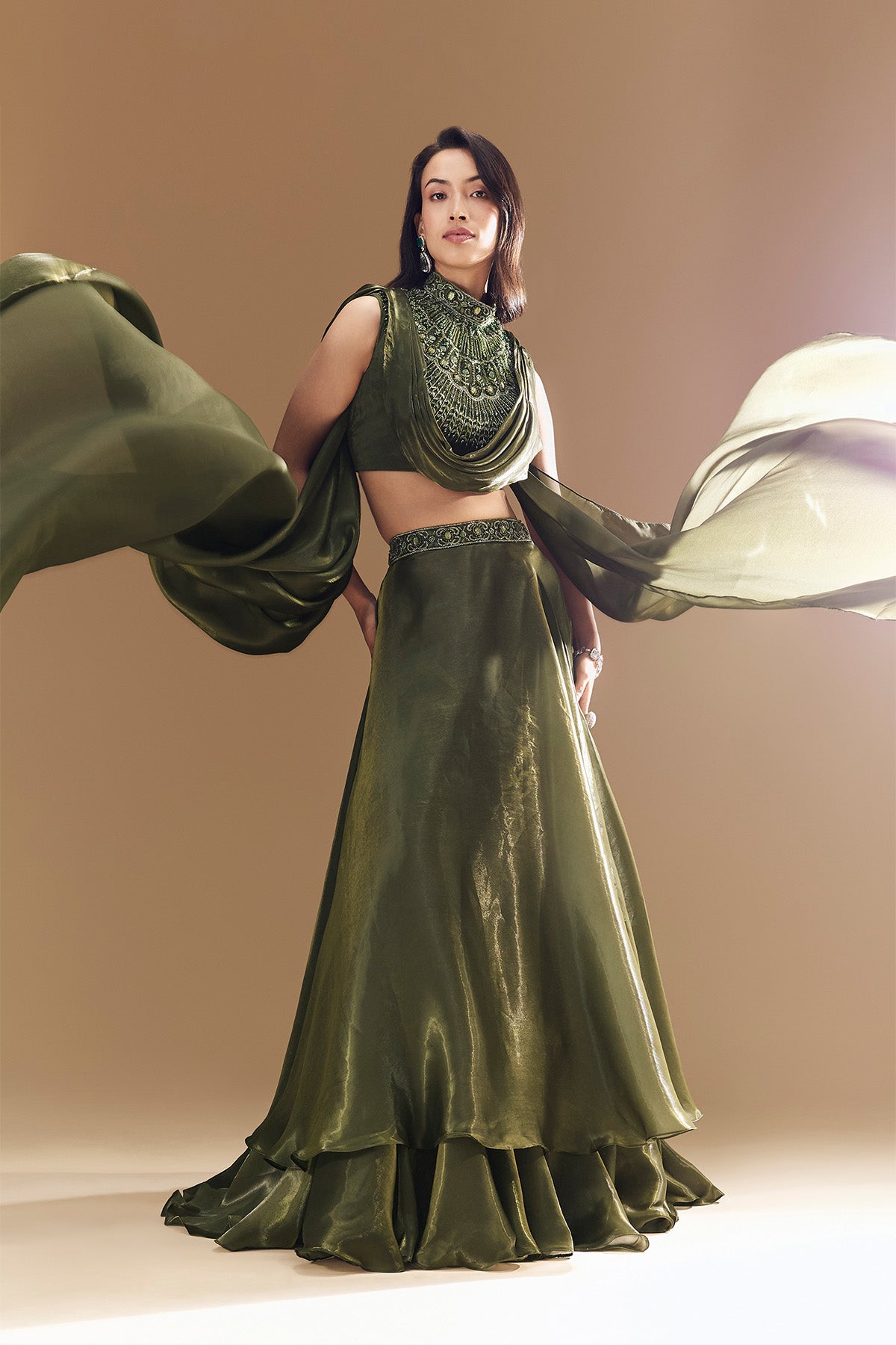 Green Bridesmaid Organza Lehega with Cowl Blouse