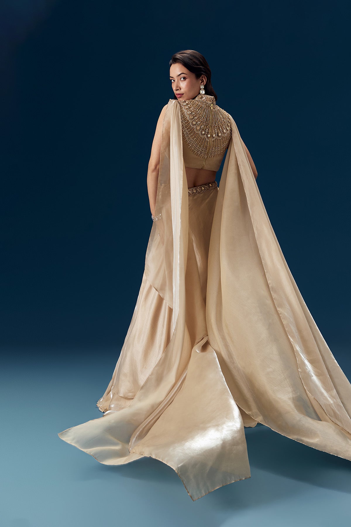 Peach Bridesmaid Organza Lehega with Cape