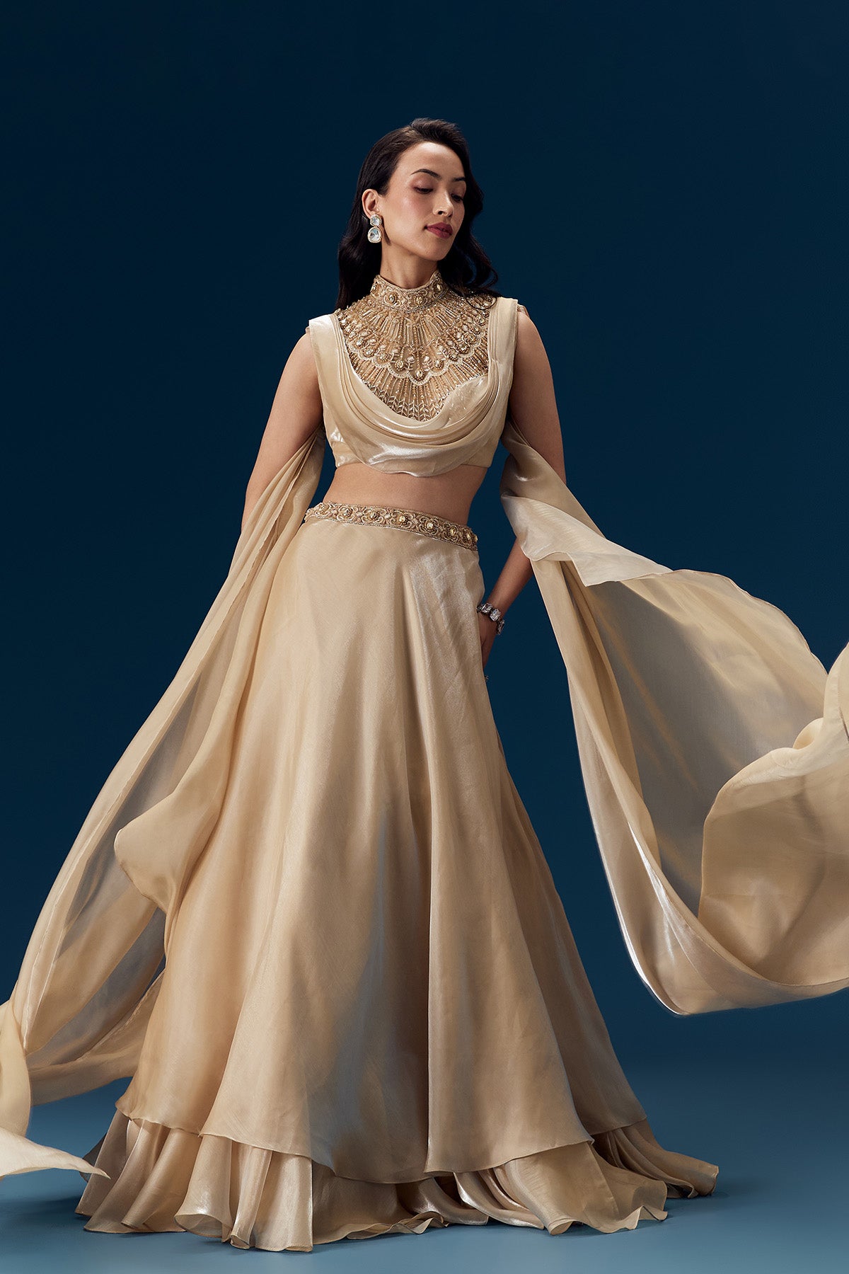 Peach Bridesmaid Organza Lehega with Cape