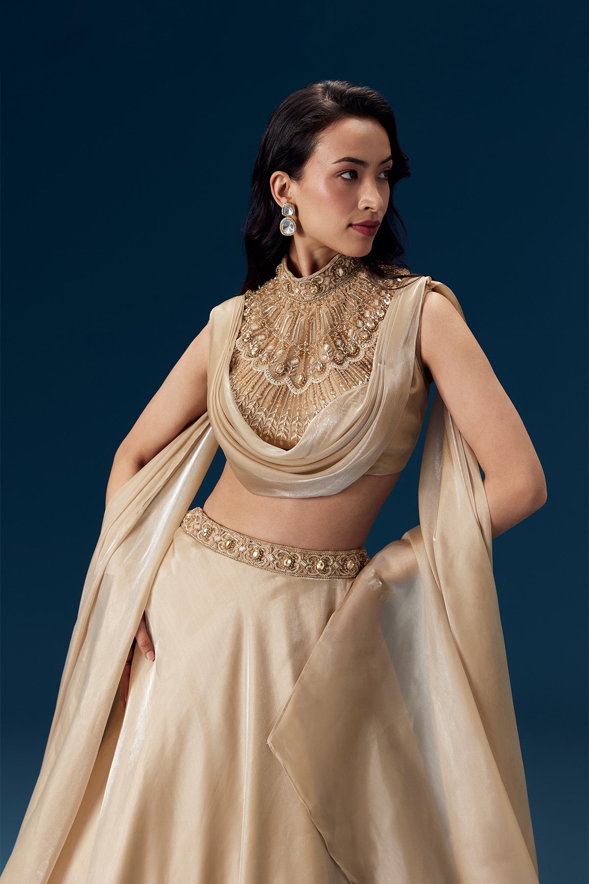 Peach Bridesmaid Organza Lehega with Cape