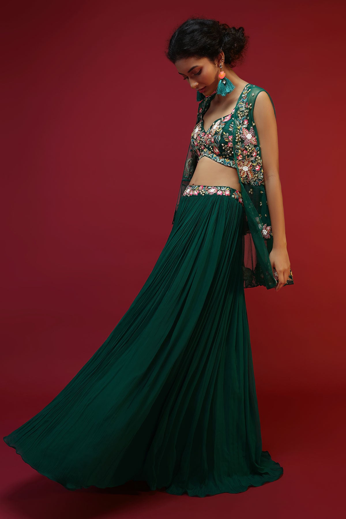 Bottle Green Lehenga Choli And Sleeveless Peplum Jacket Adorned With Colorful Resham And Moti Embroidered Flowers
