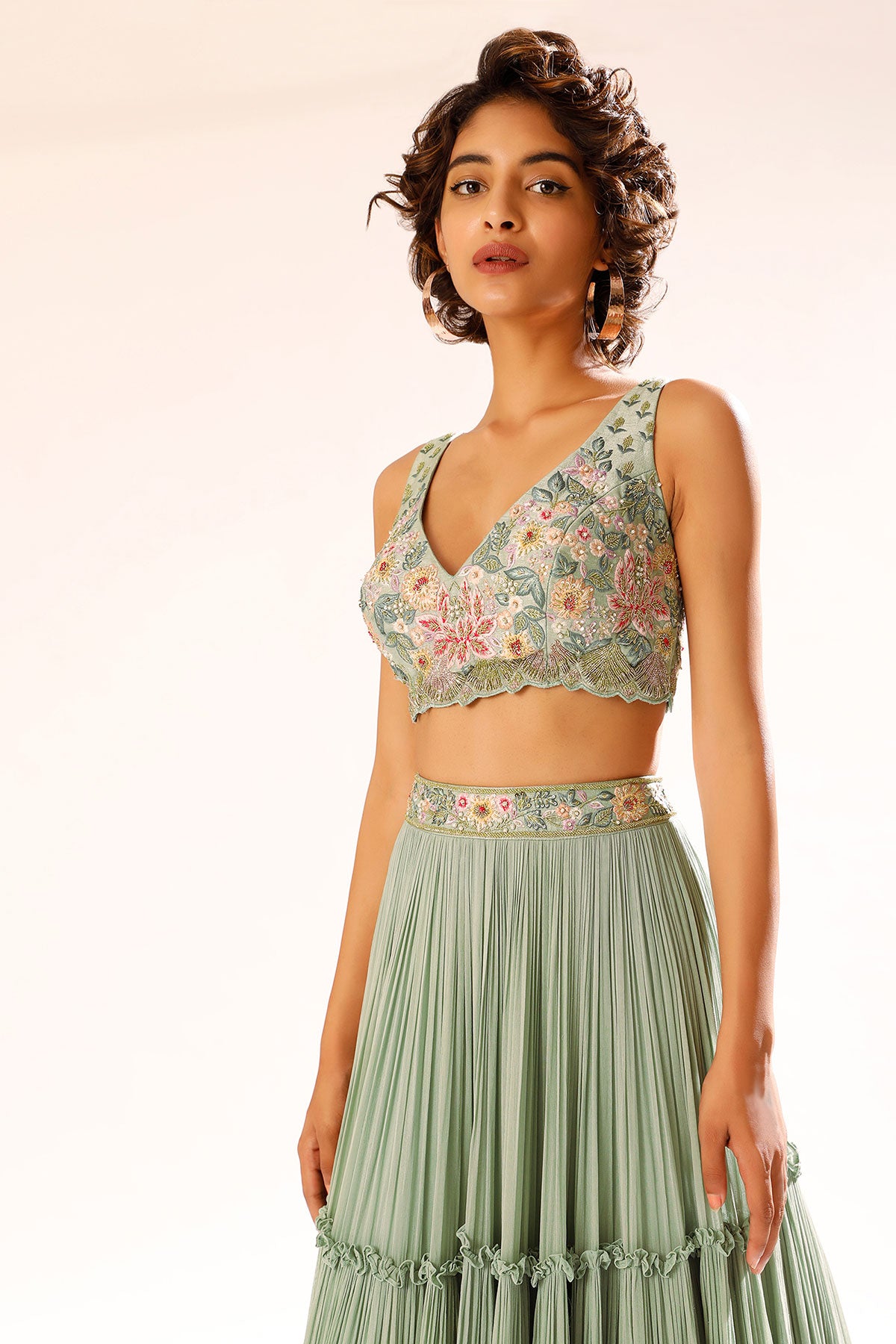 Lily Green Tiered Lehenga With Colorful Resham And Moti Embroidery In Floral Motifs