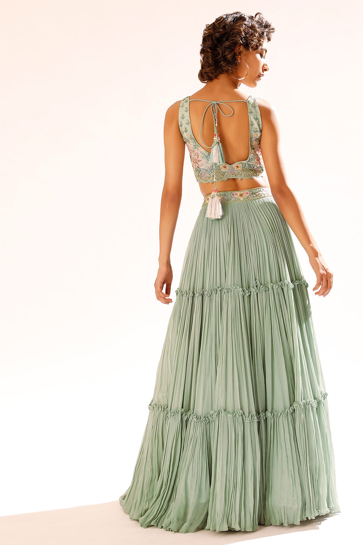 Lily Green Tiered Lehenga With Colorful Resham And Moti Embroidery In Floral Motifs